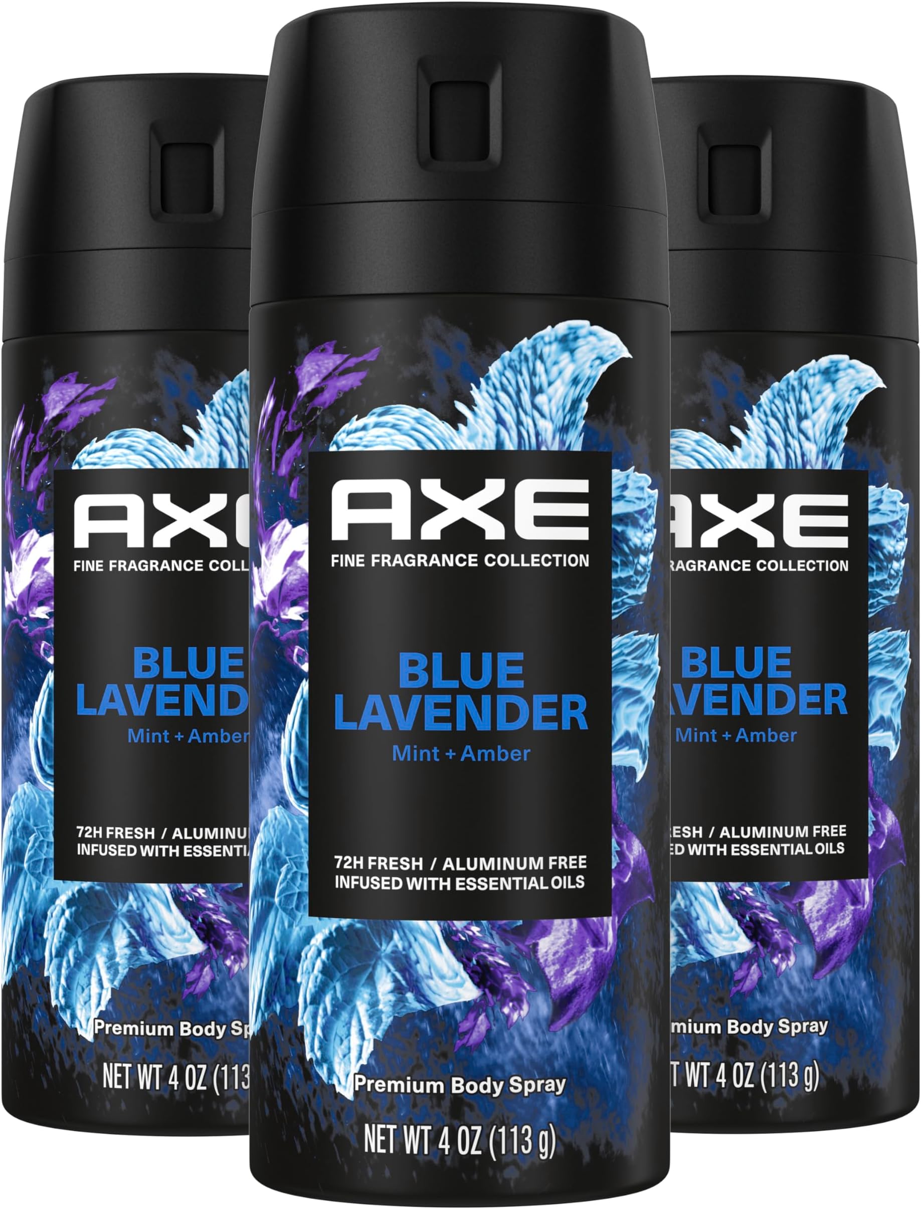 AXE Fine Fragrance Collection Premium Deodorant Body Spray for Men Blue Lavender 3 Count with 72H Odor Protection and Freshness Infused with Lavender, Mint, and Amber Essential Oils 4 oz
