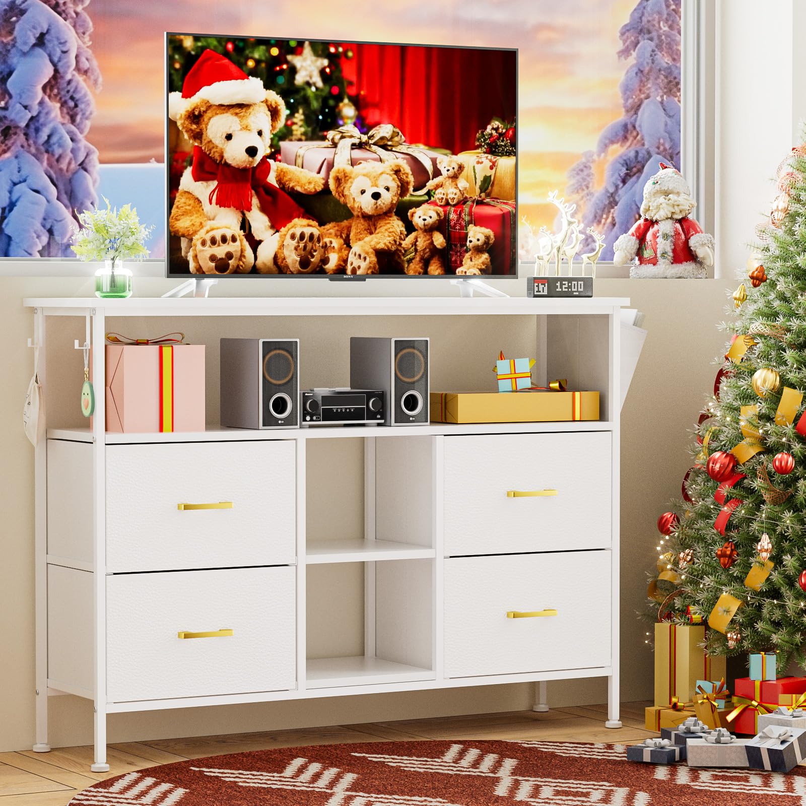 GipGiper TV Stand Dresser with Power Outlets and LED Lights, 4 Fabric Drawers Entertainment Center for 50 inch TVs, Media Console with Storage for