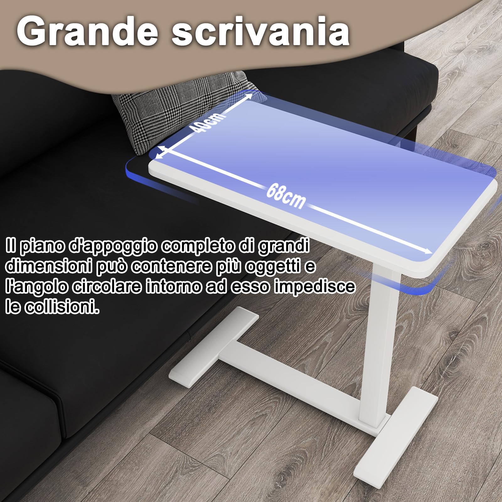 PUNCIA Tavolino da Divano con Ruote Bloccabili 68x40cm Scrivania per Computer Laptop Desk Medico Mobile Tavolo da Letto Porta Computer Regolabile in Altezza 66-100cm per Ufficio e Casa (Bianco)