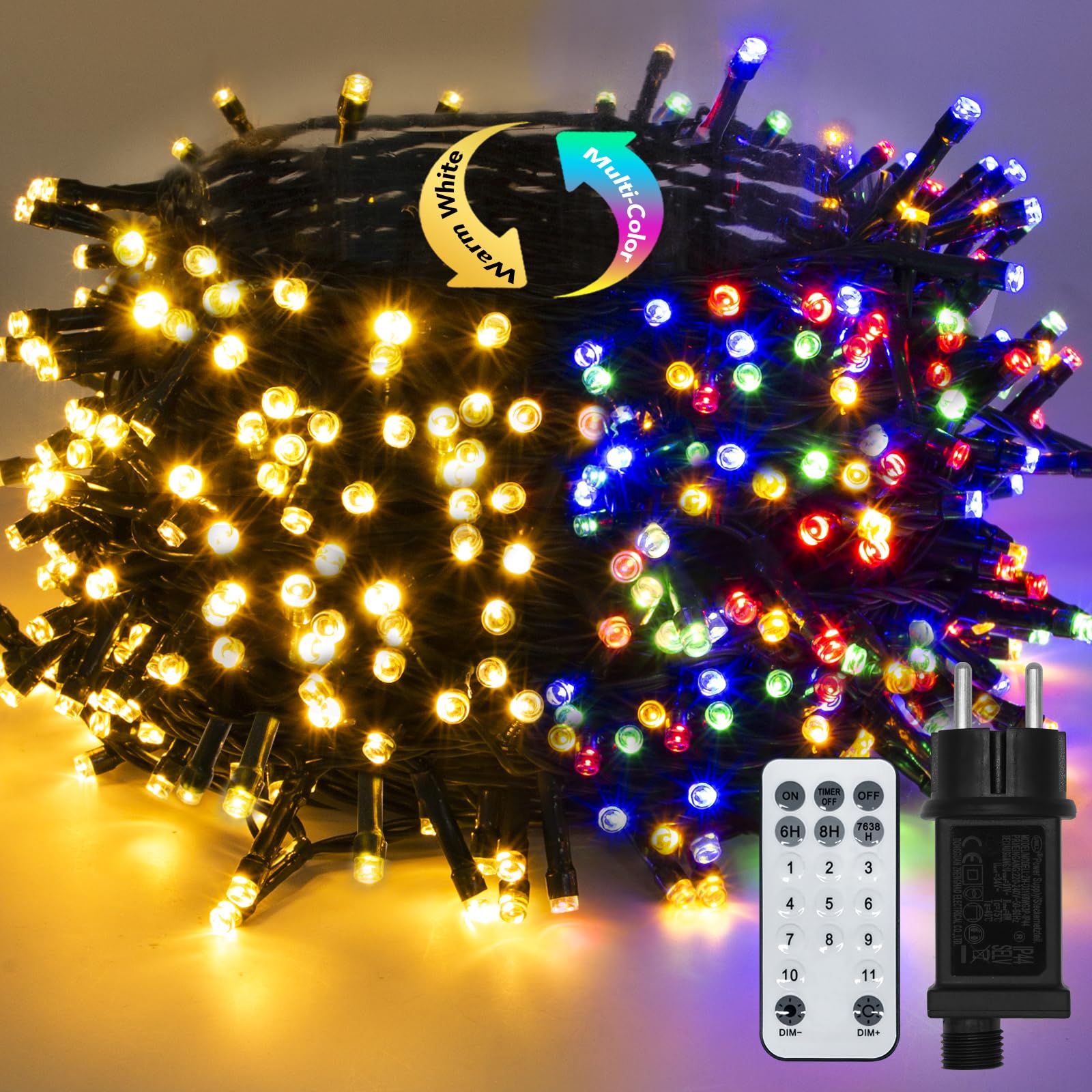 Guirnaldas Luces Exterior Colorido y Blanco Cálido 50M, 500 LED Cadena de Luces con 11 Modos, Impermeable, 3 Temporizadores Decoración para Navidad, Fiesta, Boda, Patio, Jardín, Festival