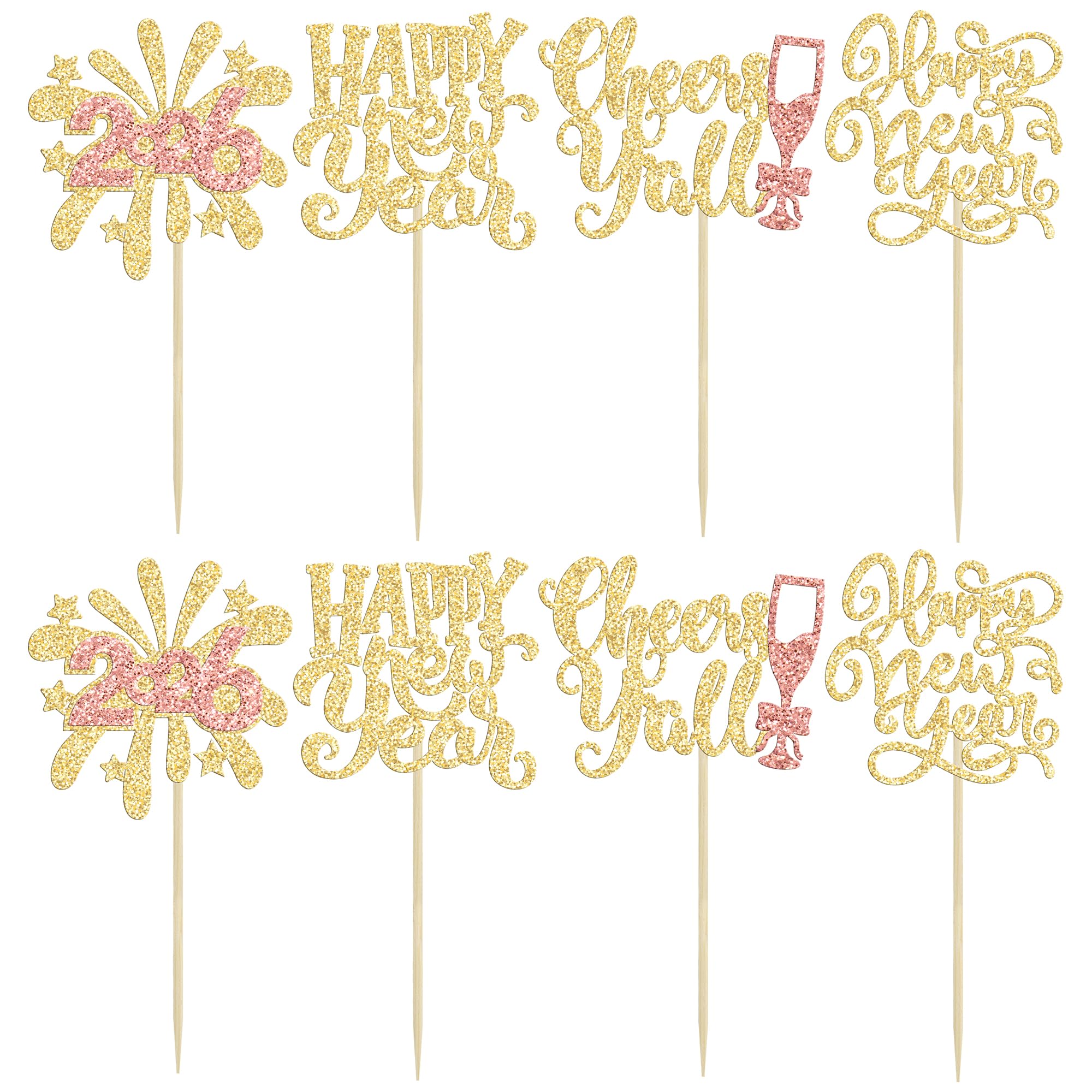Ephlyn 24Pcs 2026 Happy New Year Cupcake Toppers Glitter Fireworks Clock Hello 2026 Cupcake Picks for Cheers to 2026 Happy New Year Theme Holiday Party Cake Decorations Supplies Gold - Image 3