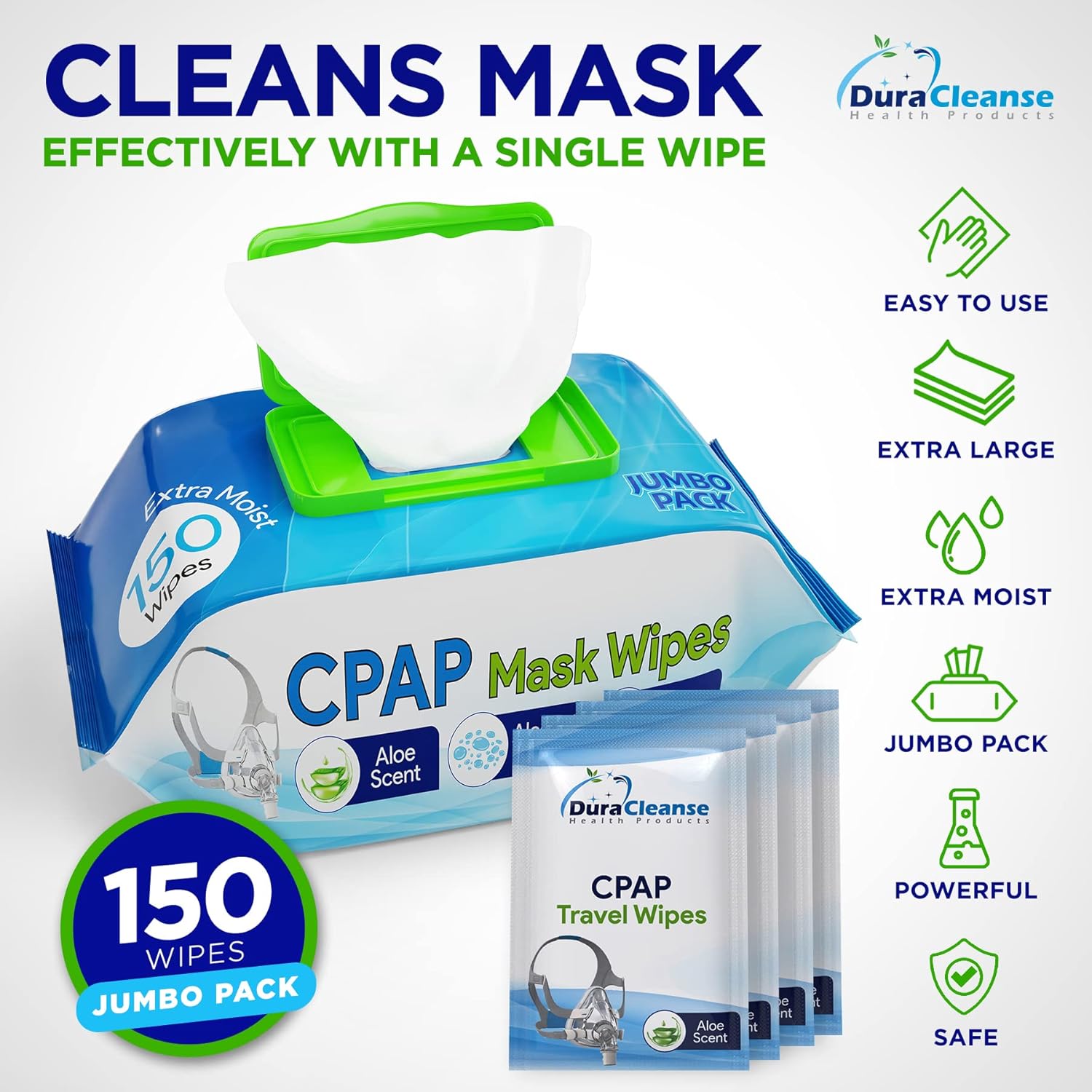 Buy DuraCleanse CPAP Wipes 150 Count Jumbo Pack + 4 Travel Mask Wipes