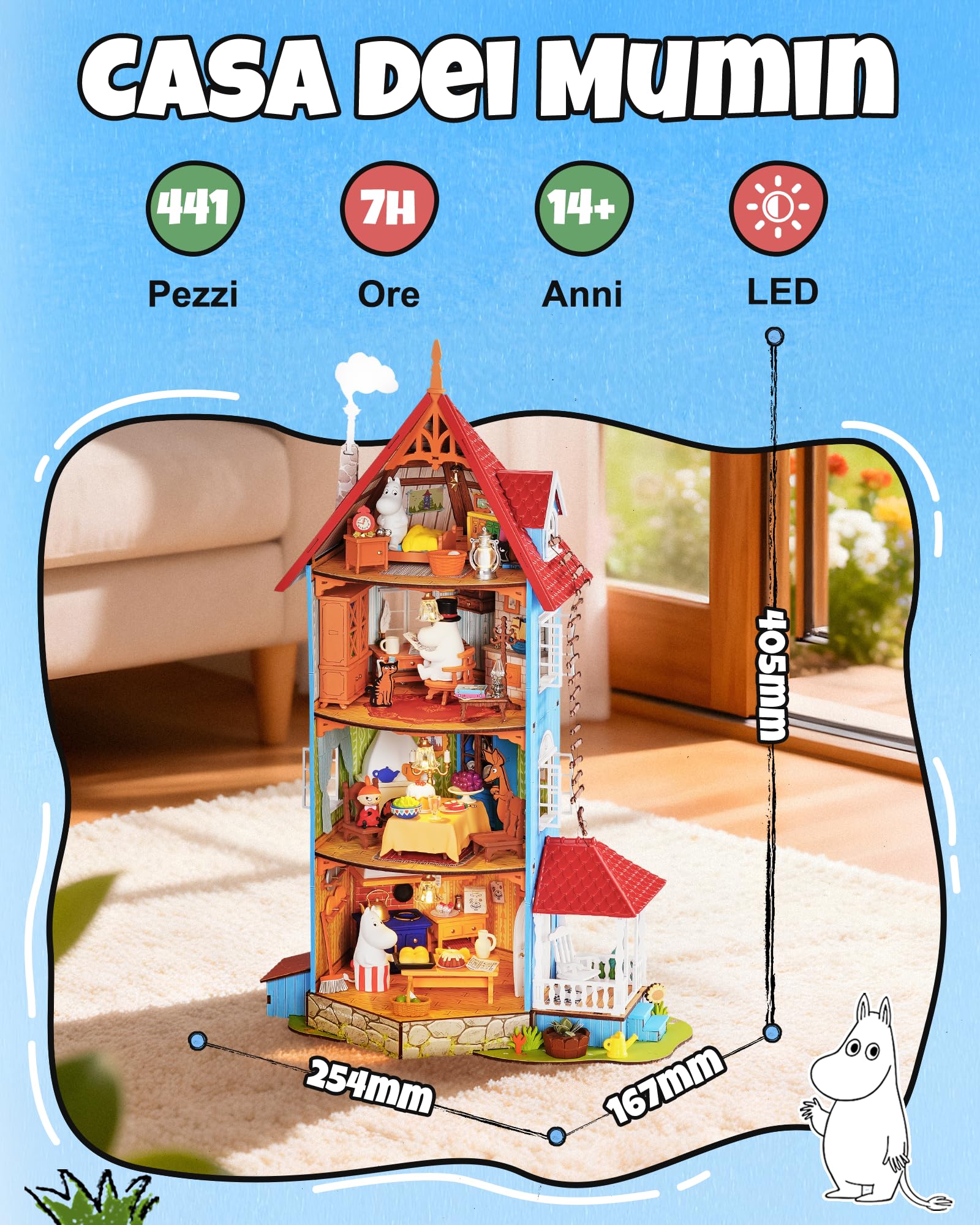 Rolife DIY Miniatura Casa delle Bambole Moominhouse 441 Pezzi | Puzzle 3D Legno Ufficiale Moomin, Casa Moomin a 4 Livelli con LED e 4 Statuine, Kit Fai da Te senza Colla, Regalo Adulti