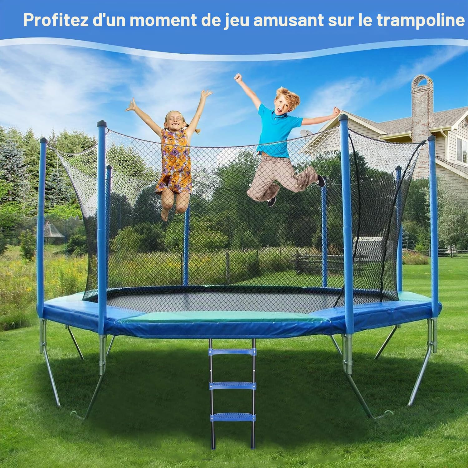 Echelle Trampoline Antidérapante à 3 Marches, Accessoire Trampoline, Hauteur 107 cm, Cadre Métallique Résistant, Larges Marches, Convient à la Plupart des Trampolines