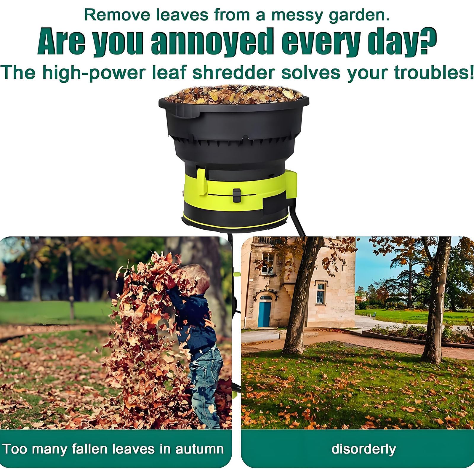 Trituradora De Hojas Eléctrica para Jardín, Trituradora De Hojas De 2500 W con Ruedas, Rastrillo De Hojas, Bolsa De Almacenamiento, Astilladoras De 8000 RPM,Powercord×10m