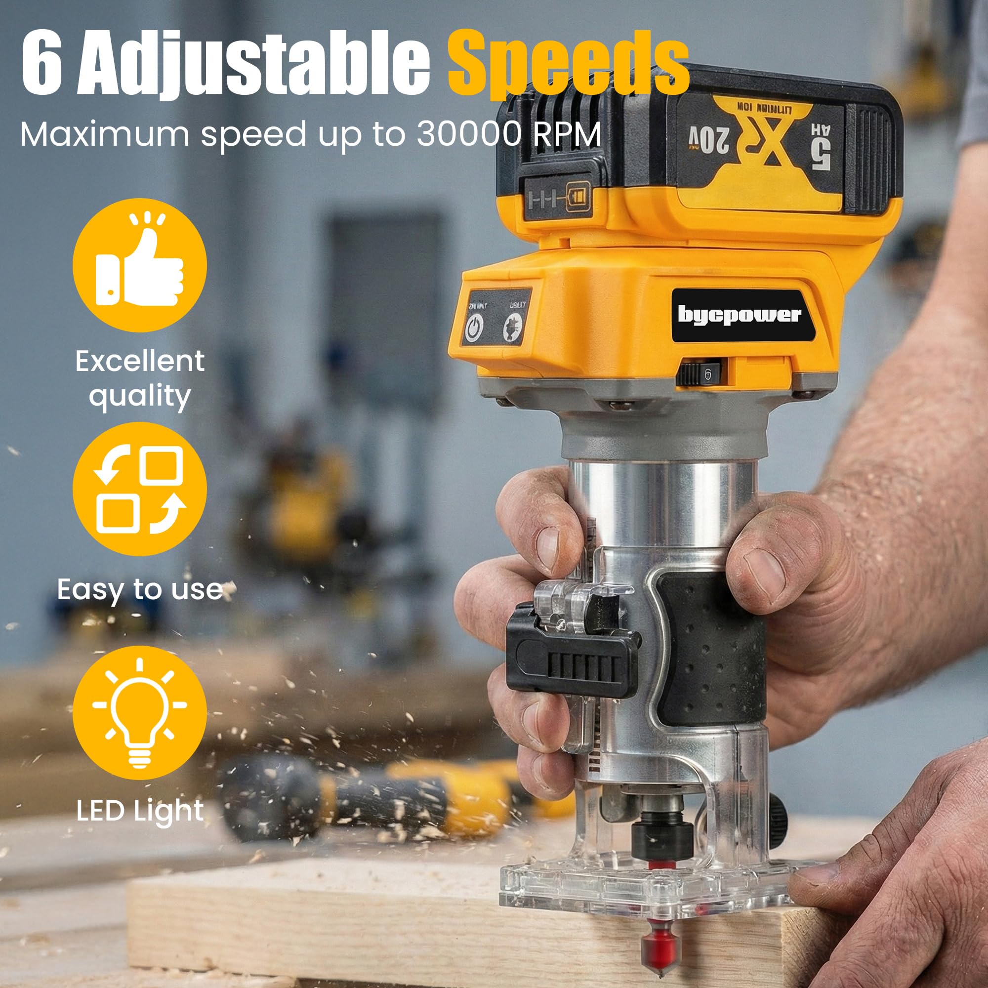 Akku Oberfräse für DE Walt 18V/20V MAX Akku, 30000 RPM Bürstenloser Motor, 6-Stufen Kantenfräse, Kabellose Holzfräse mit 6,35mm Durchmesser, mit 15pcs 1/4" Fräser für Holz & Kunststoff