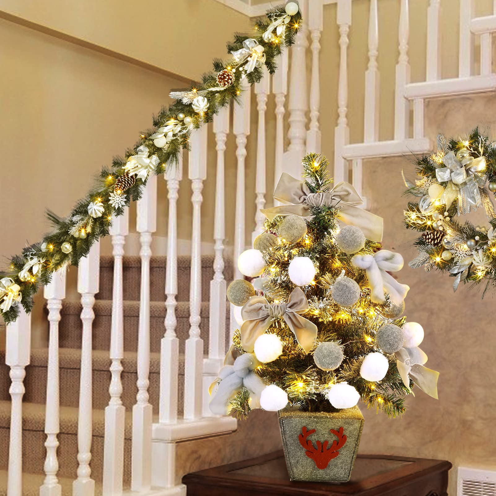Weihnachtsbaum Künstlich, 60 cm Esstisch Schnee Fallender Weihnachtsbaum mit Weihnachtskugeln, Schleifen und 50 LED Leuchten Geeignet für Weihnachten Partys Zuhause Drinnen und Draußen - Grau