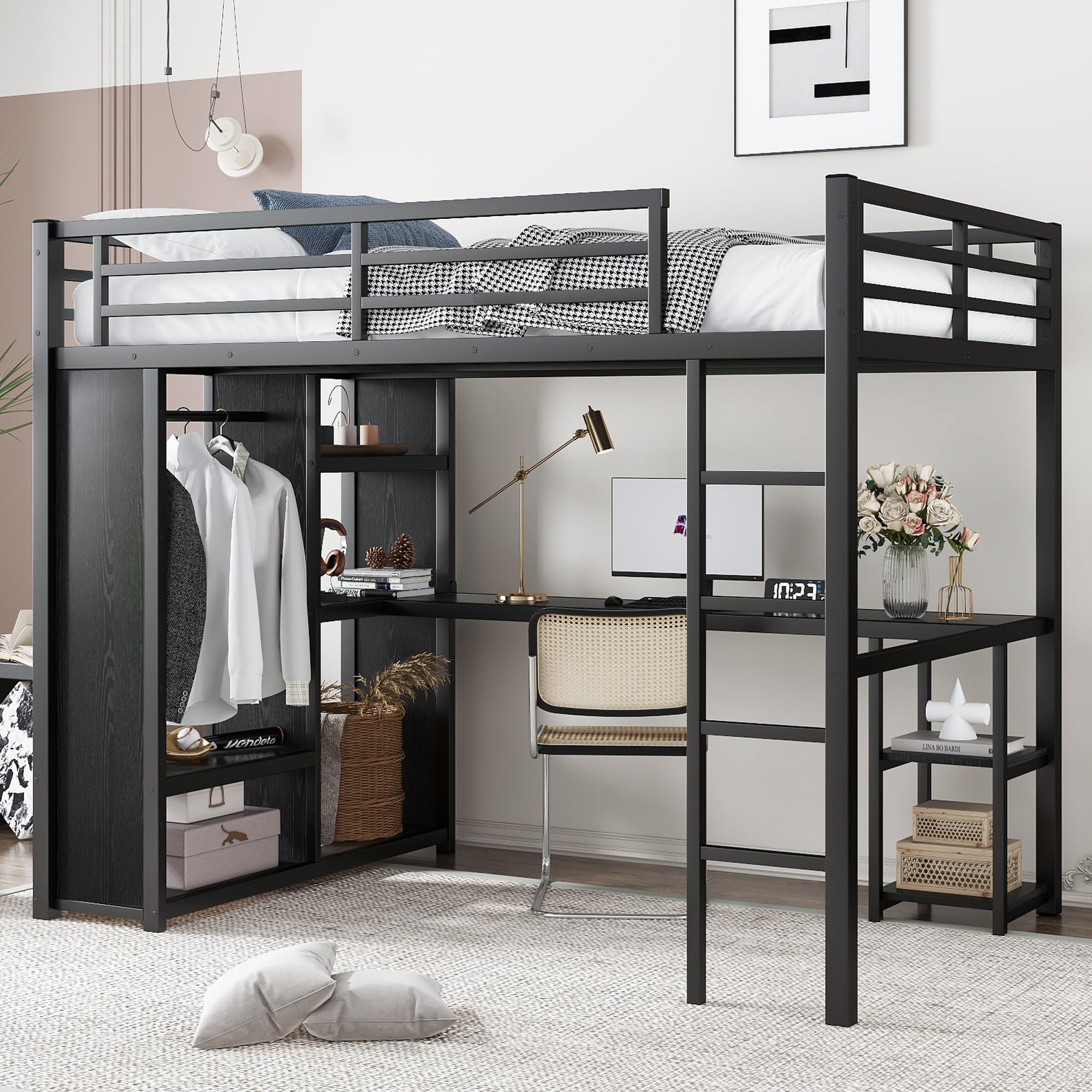 SOFTSEA Queen Size Loft Bed with Desk and Wardrobe, Heavy Duty Metal Loft Bed with Storage Shelves, Space Saving Bed Frame with Guardrail & Ladder for