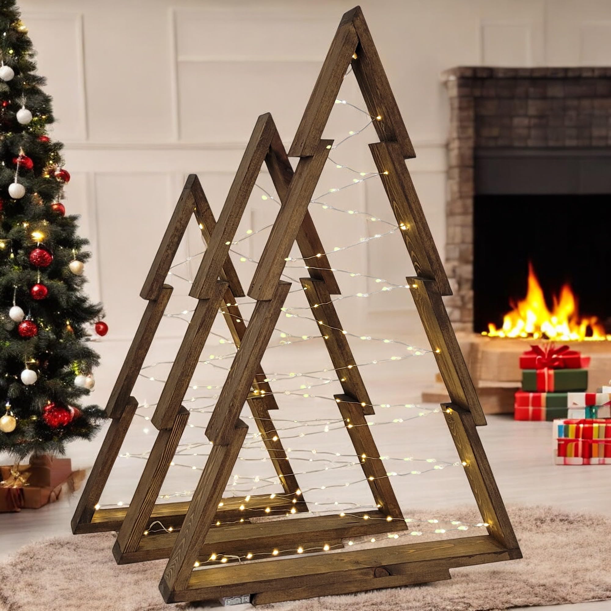 WEECO Lot de 3 Sapins de Noël en Bois XLL avec Éclairage LED - Décoration Festive 113 cm, 90 cm, 78 cm - Arbres pour Intérieur et Extérieur - Wengé