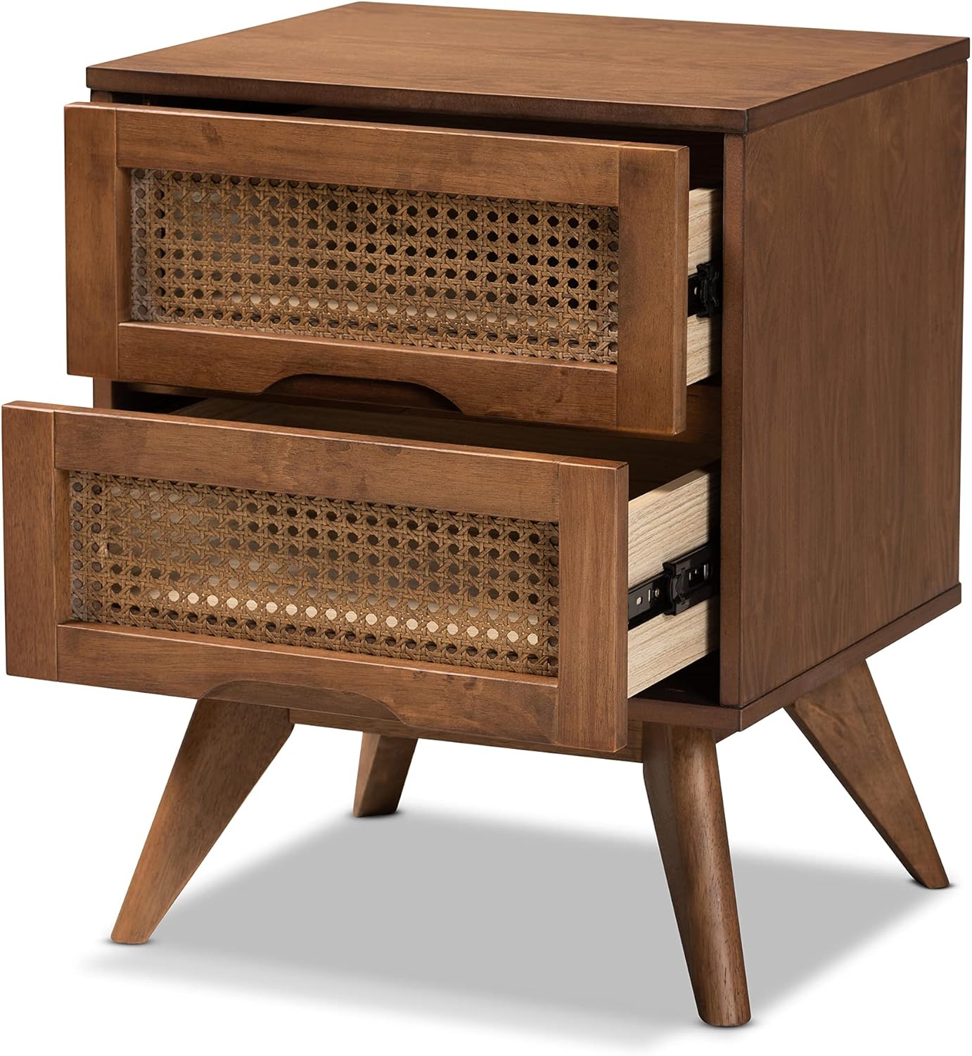 Baxton Studio Barrett Mid-Century Modern Walnut Brown Finished Wood and Synthetic Rattan 2-Drawer Nightstand