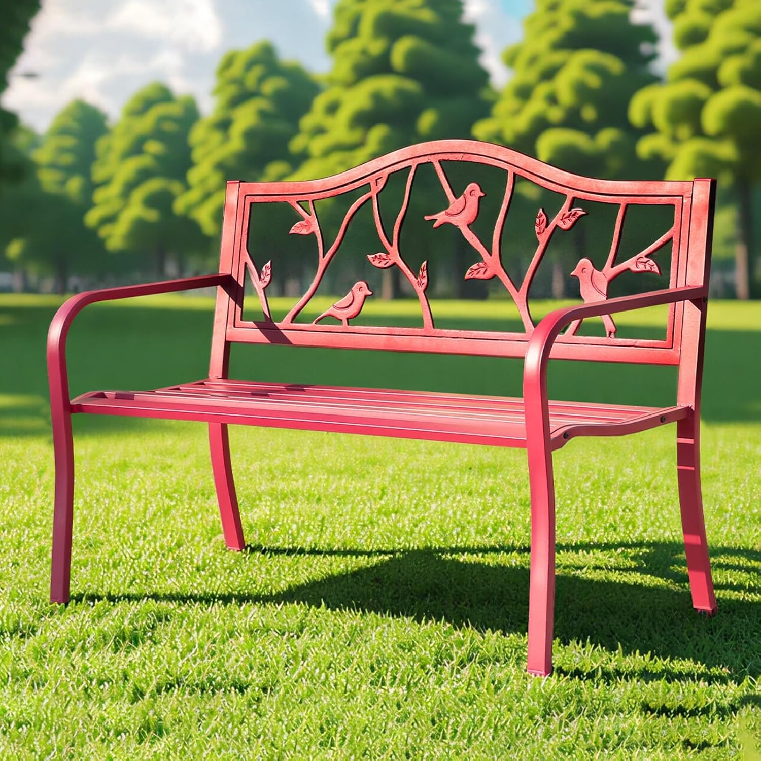 Pink Outdoor Bench with Bird & Branch Design Weather Resistant Garden Bench, Patio Loveseat with Ergonomic Backrest