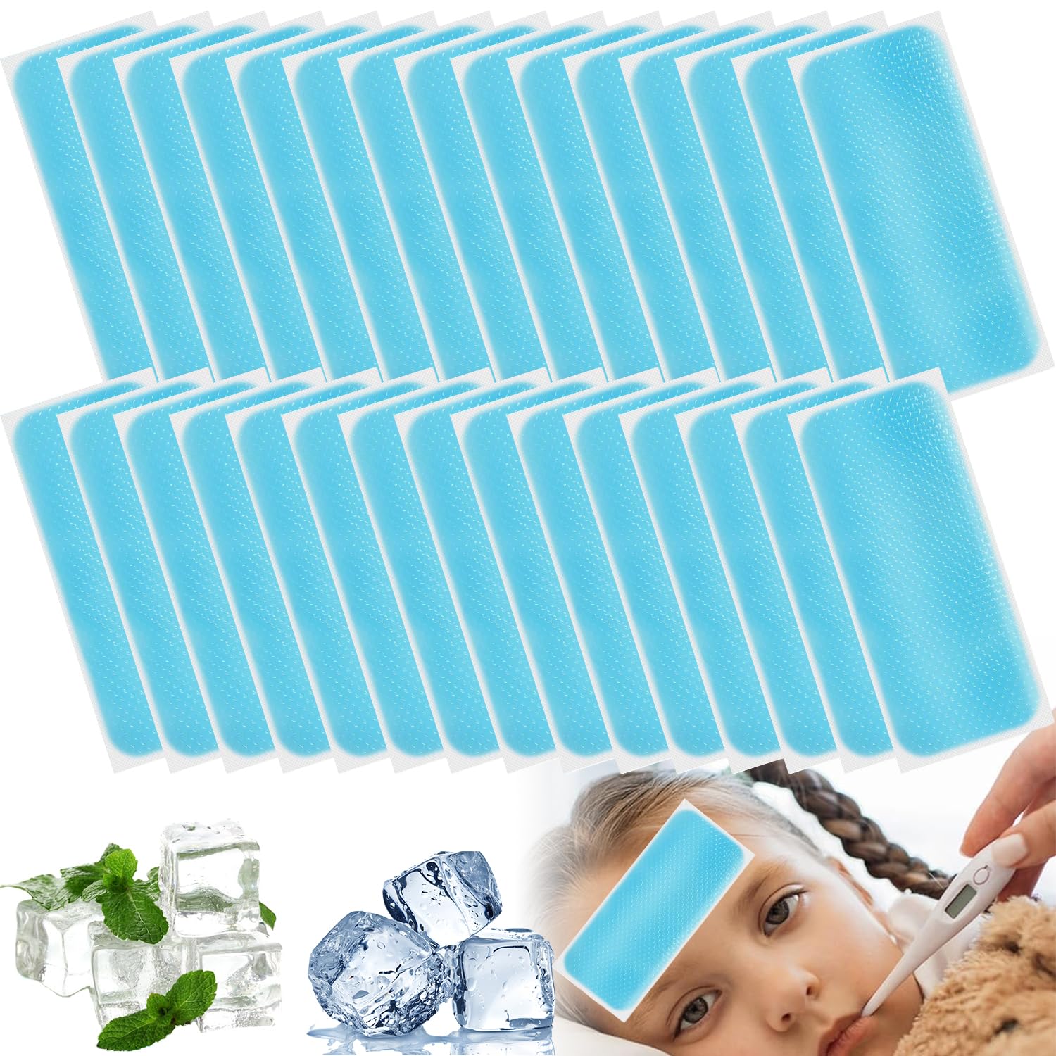 30 Hojas de Parches Refrescantes para la Fiebre para Niños, Tiras Refrescantes para la Frente,Almohadillas de Gel Refrescante,Parche De Enfriamiento,para Niños y Adultos