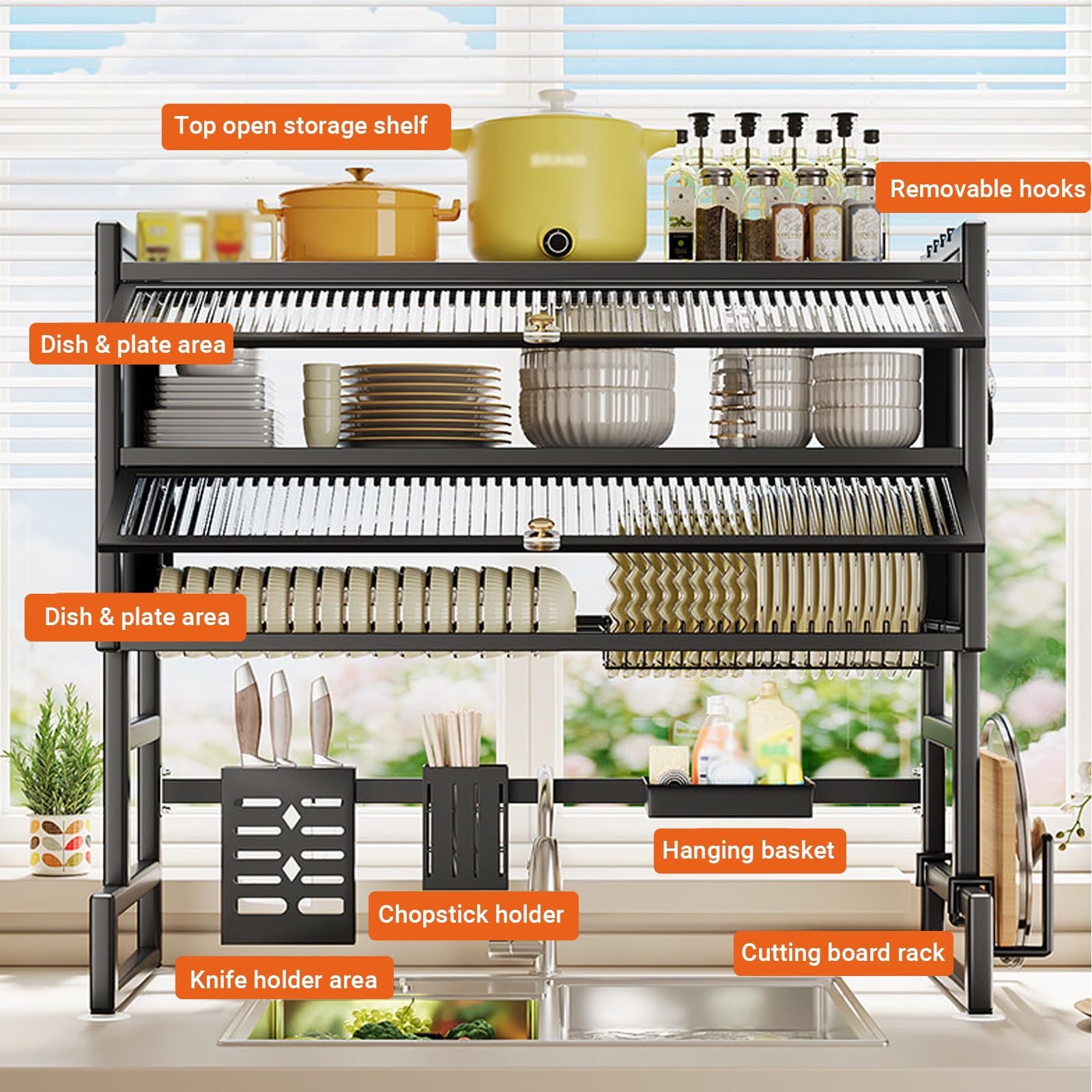 Großer Abtropfständer für die Spüle mit Deckel, 2-stöckiger Küchenorganizer, staubdichter Abtropfständer mit Besteckhalter (Schwarz, 75 cm/29,5 Zoll)