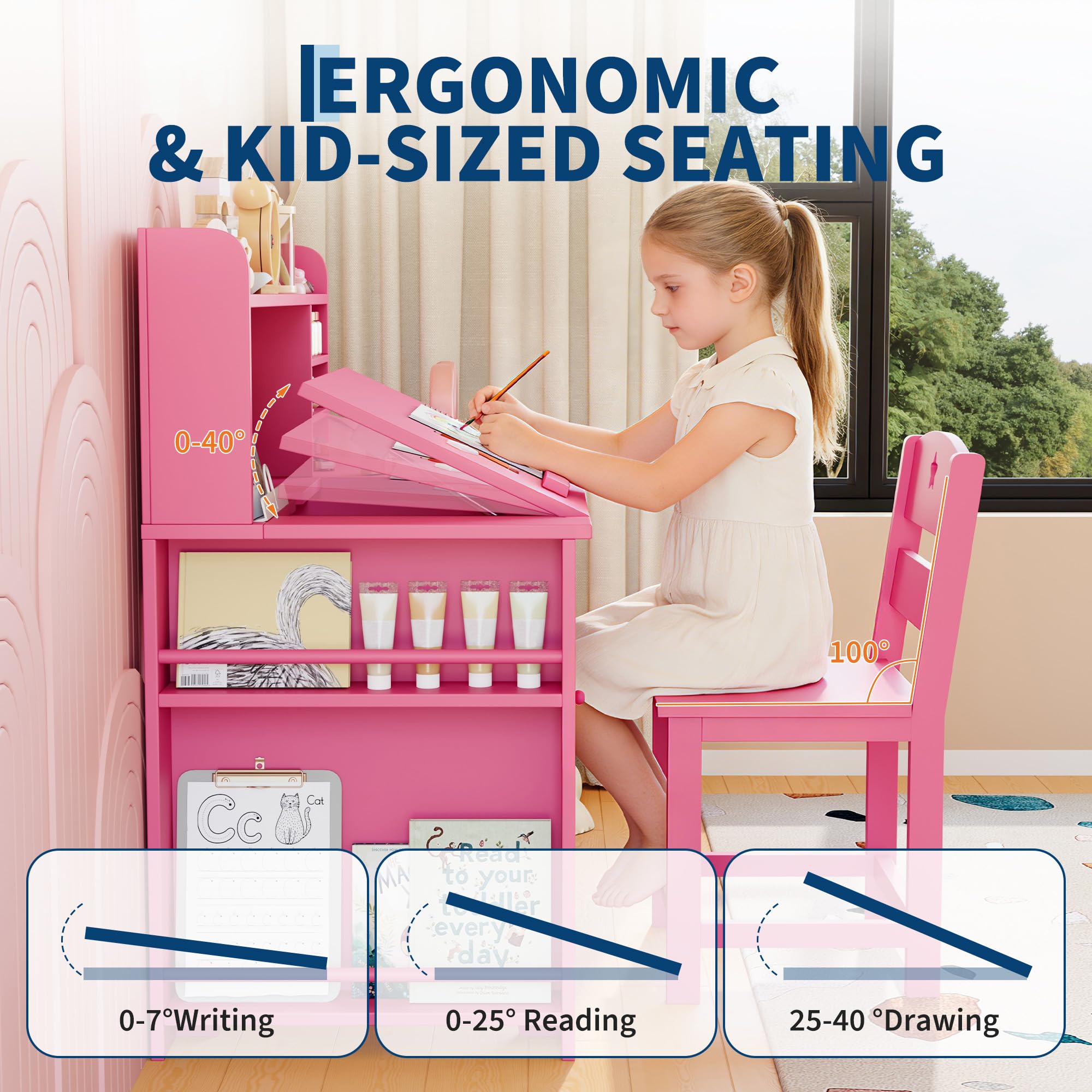 Escritorio Infantil 2 en 1 con 0-40° Soporte Elevador de Escritorio, Mesa con Silla Escritorio de Madera, Estante para Libros, Área de Almacenamiento y Taquilla con Puerta, 3+