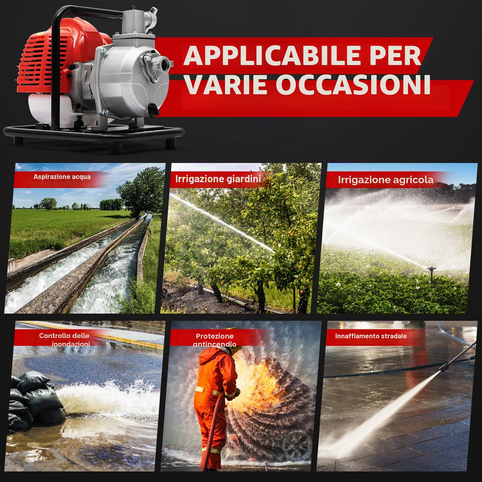 Pompa a benzina 2 tempi, Max. 20m di prevalenza. Pompa da giardino per fontana, stagno con valvola di non ritorno