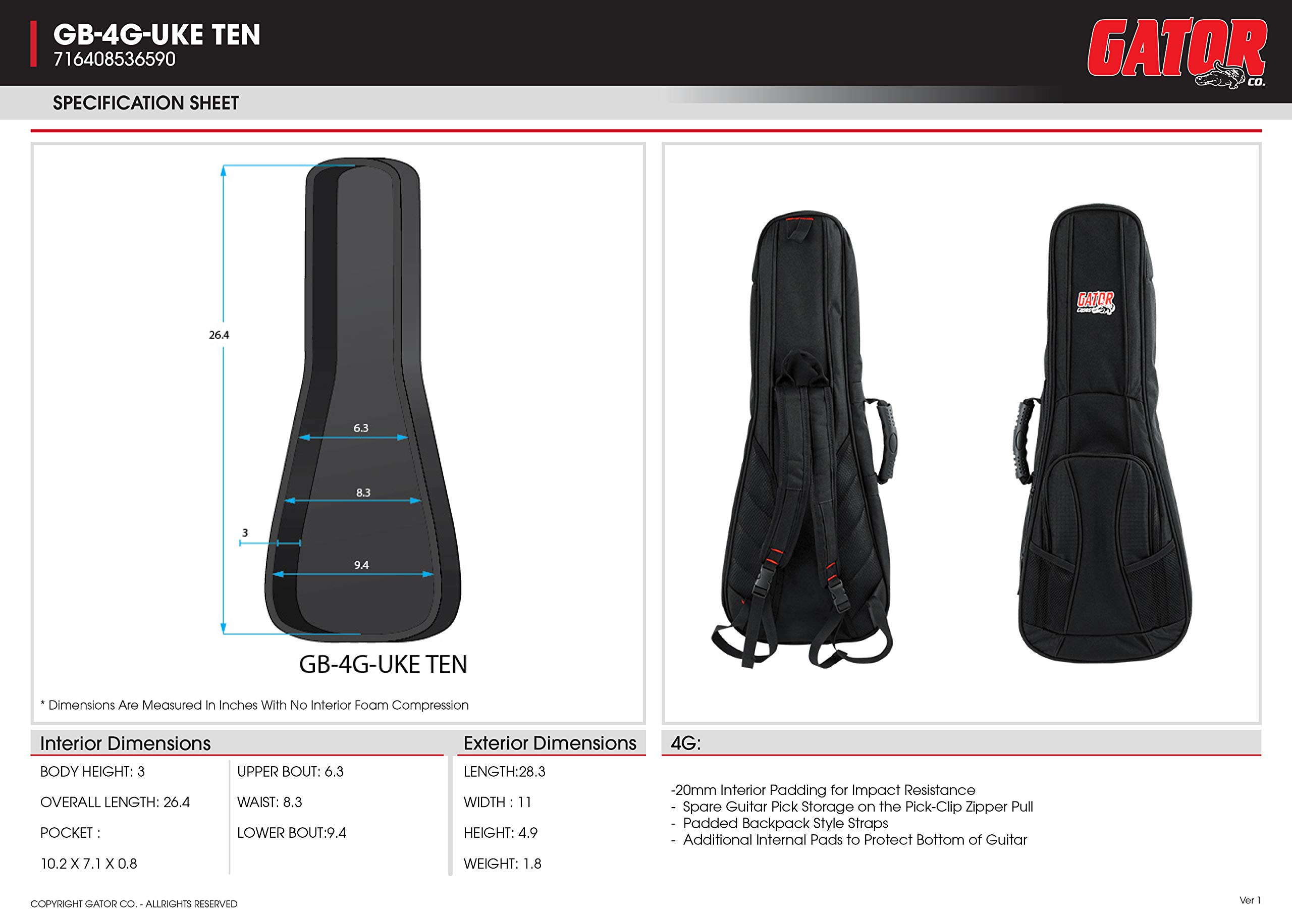 Gator Cases 4G Style gig bag pour Ukulélé Ténor avec sangles réglables (GB-4G-UKE TEN)