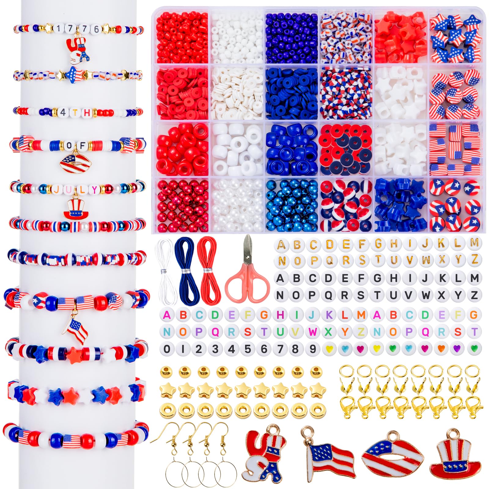 Goldwise 1578Pcs 4th of July Red White Blue Beads Bracelet Making Kit with Clay Seed Plastic Pony Pearl Beads, Patriotic USA Flag Star Beads, Metal