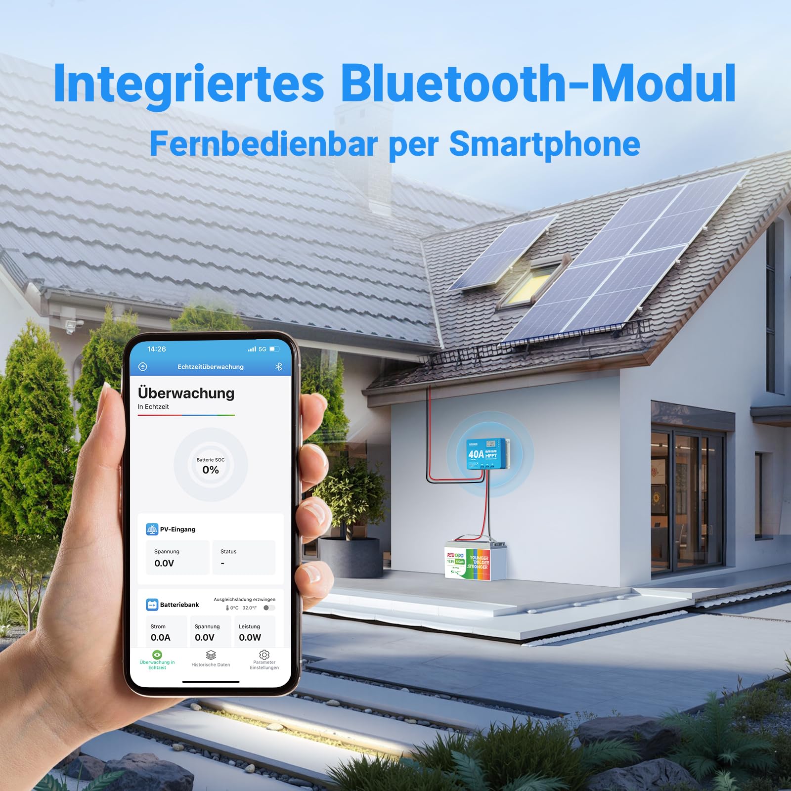 Redodo 40A MPPT 12V/24V Auto DC Input Solarladeregler mit eingebautem Bluetooth Modul, Parameter verstellbare LCD Display LED Anzeige