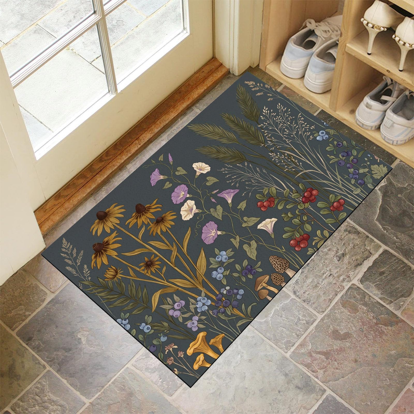 60X90Cm Zerbino Ingresso Interno Antiscivolo Assorbente, Tappeto Microfibra Sottile Lavabile Con Silhouette Retrò Fiori Selvatici Piante Naturali Rurali Per Cucina Bagno Porta Animali, Antracite