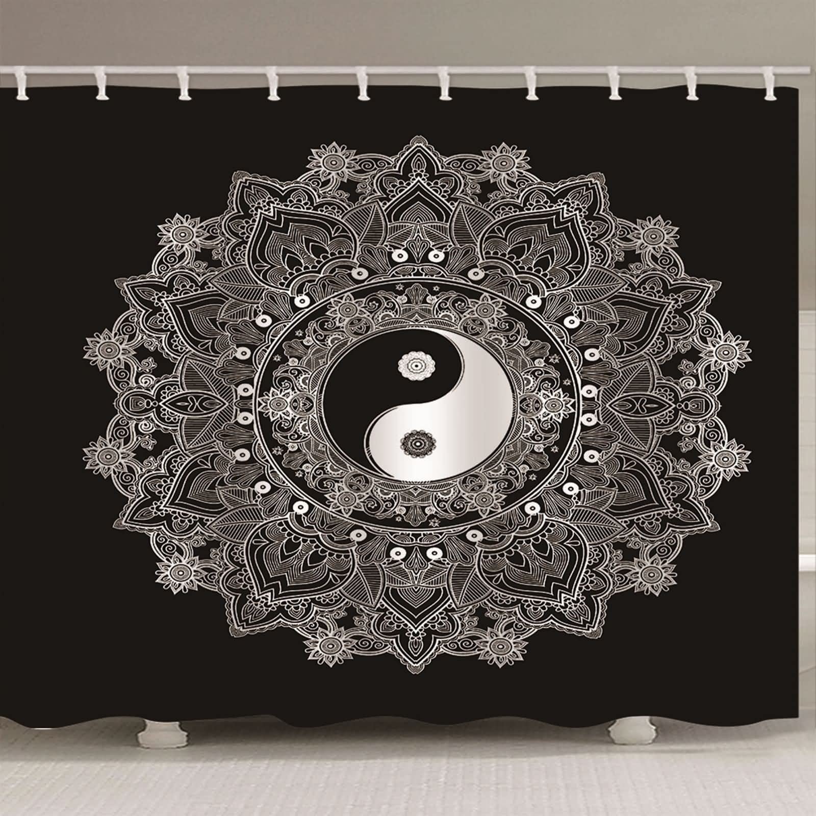 Boho Mond Duschvorhang Mit Mandala-Design | Wasserabweisend, 183 X 183 Cm, Mit 12 Haken | Badezimmer-Dekoration In Schwarz