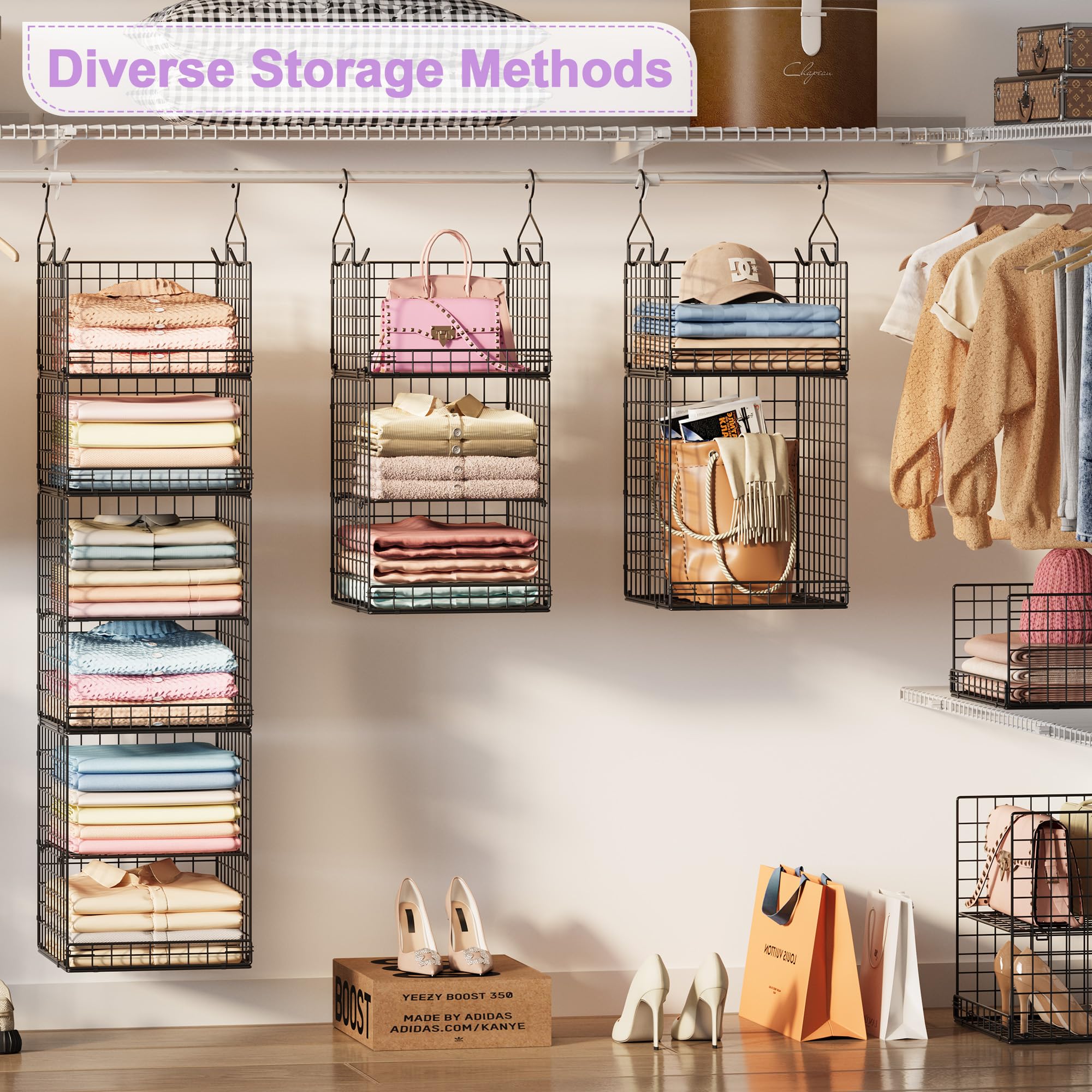 6 Tier Hanging Closet Organizers and Storage Stackable Hanging Closet Shelves with 4 Hooks 2 Adjustable Dividers, Wire Storage Basket Bins for Clothing Purse Sweaters Shoes Socks Dolls, Foldable: 5-Tier Black