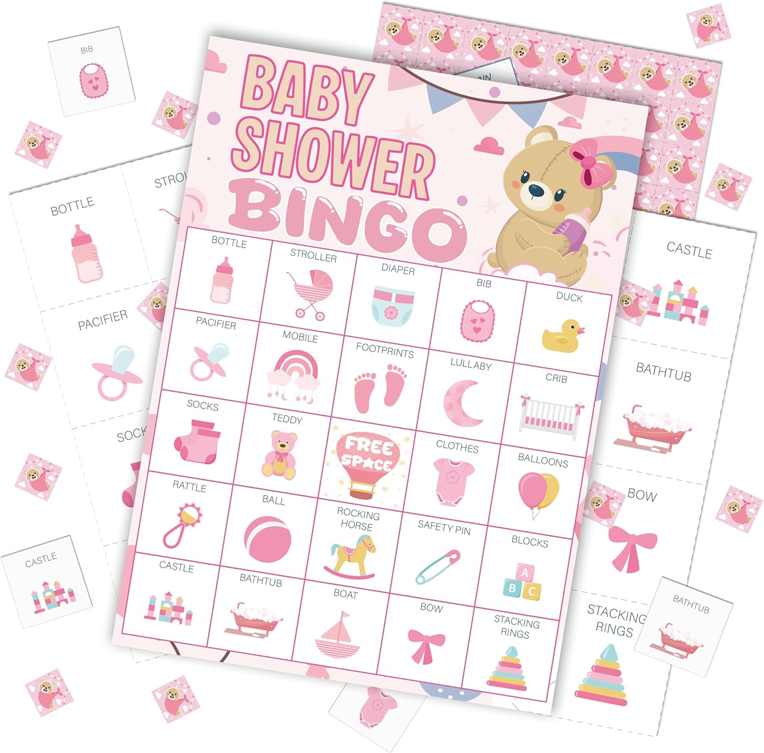 Baby Shower Bingo Game Cards Set for Guests Adults, Pink Bear Baby Shower Party Bingo Game Gender Reveal Bingo Game for Family Friends Large Group Activity, Favors Supplies Decorations