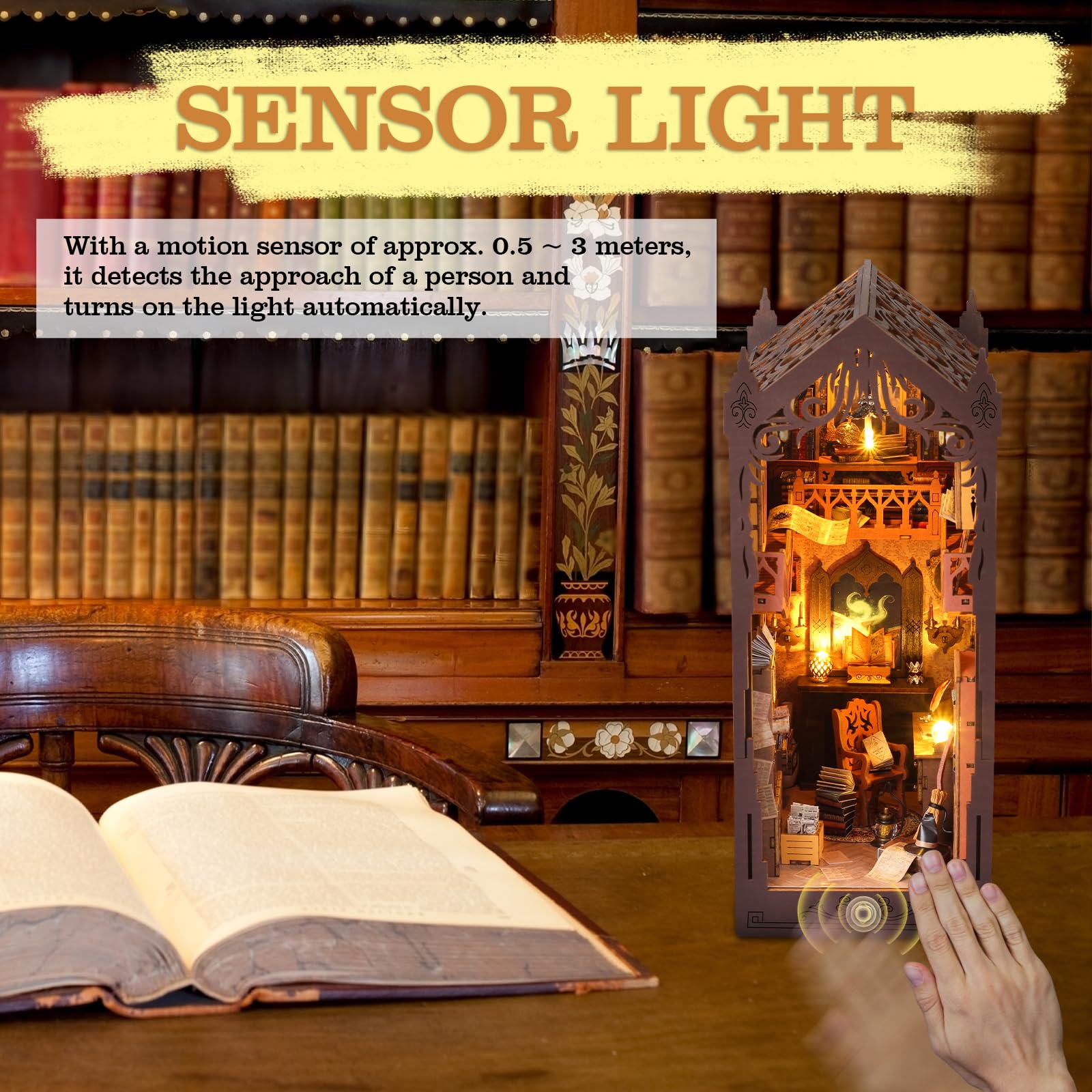 K angolo libro Serra Luce solare Camera Casa delle bambole Booknook Puzzle in legno 3D Casa delle bambole in miniatura per mobili con inserto per libreria  26
