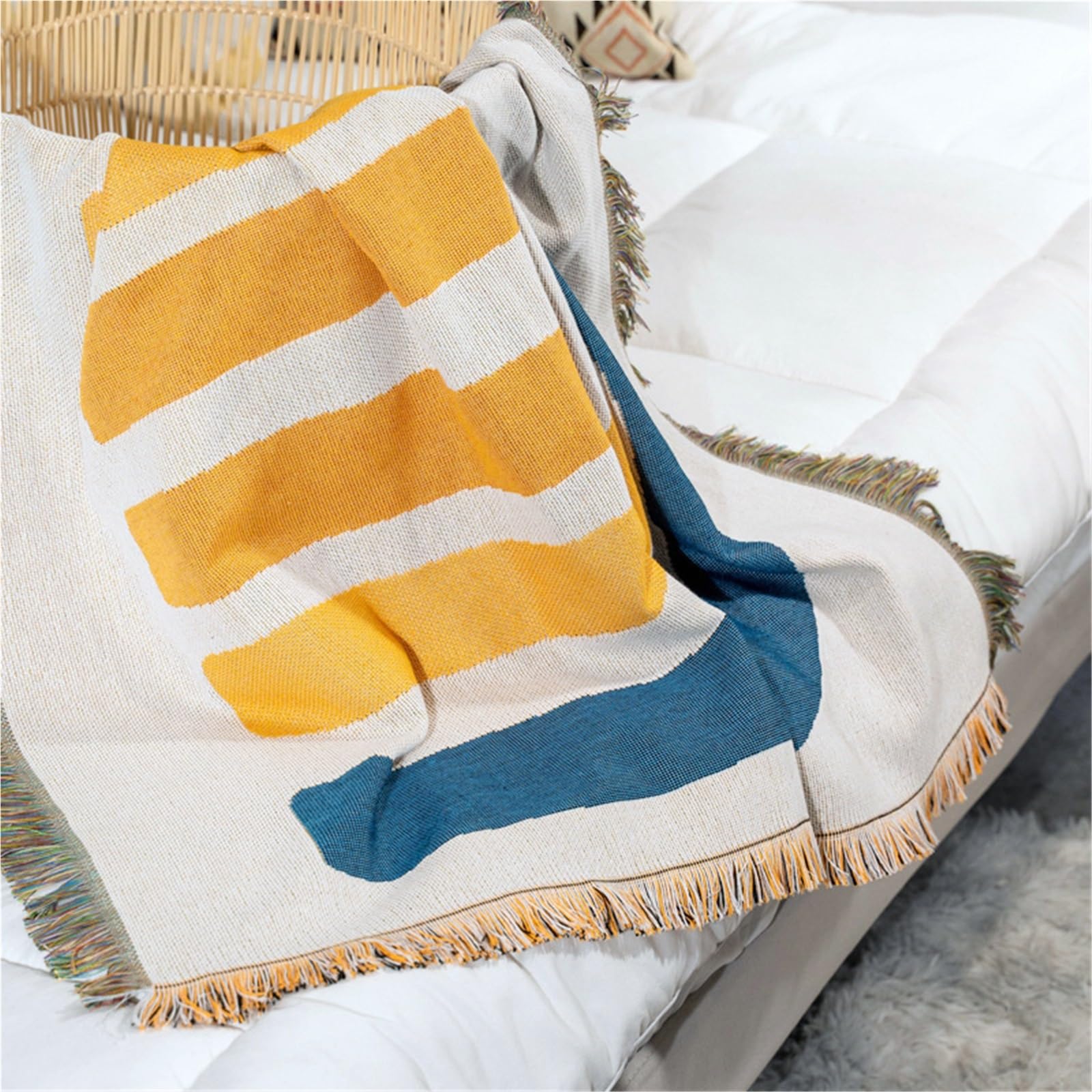 Couverture de pique-nique, tapis de camping, tapisserie jacquard, serviette de canapé simple, couverture de pique-nique multifonctionnelle pour l'extérieur, pour le jardin (160 x 130 cm) (blanc 90 x 9
