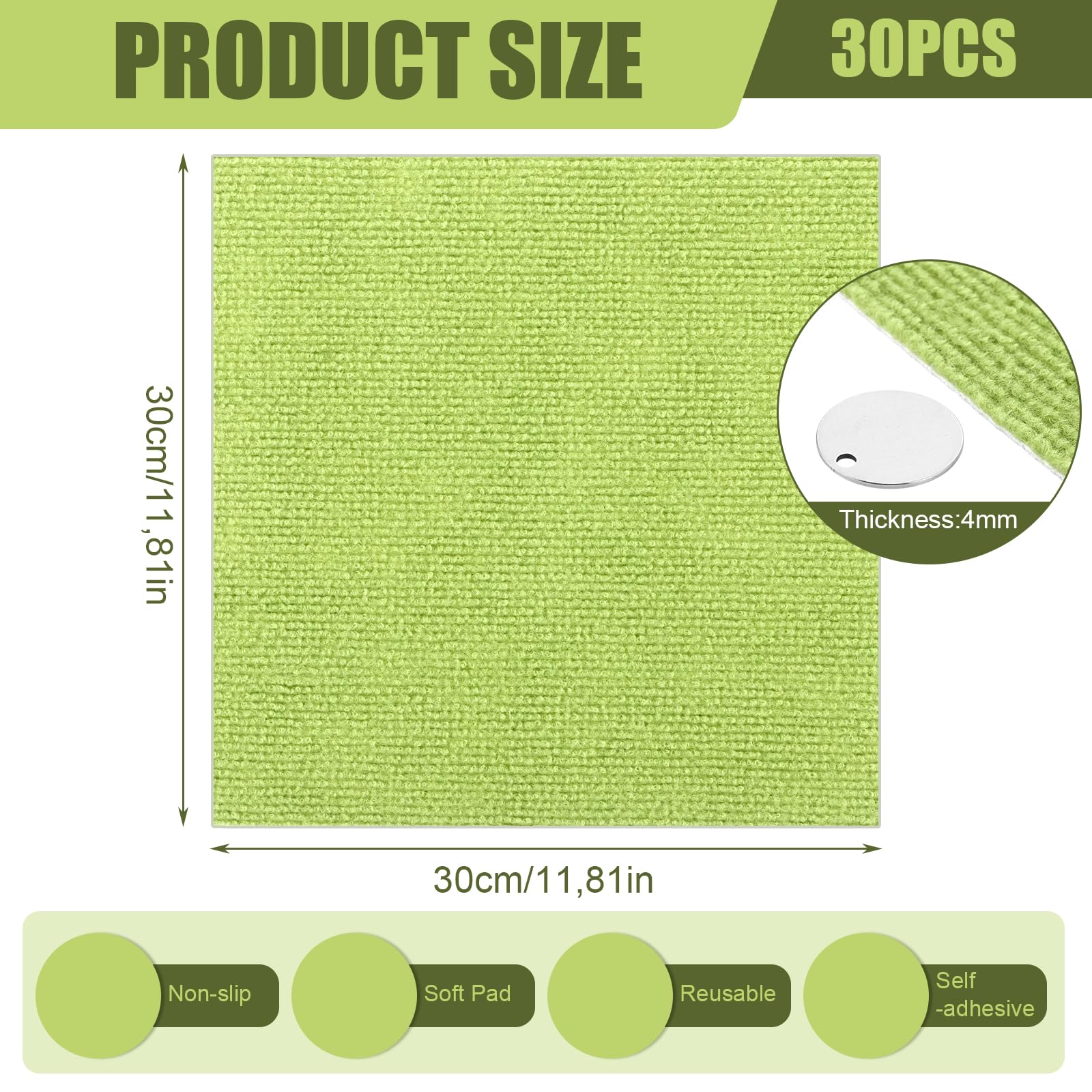 30 piastrelle per tappeti, 30 x 30 cm, autoadesive, per tappeti, piastrelle, per ufficio, soggiorno, balcone (verde)