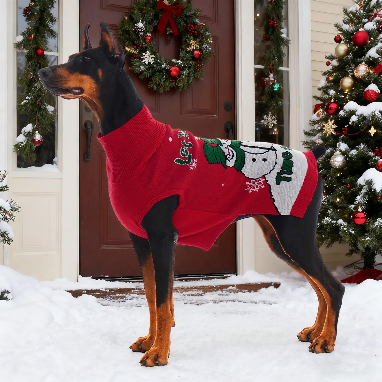 IECOii Pull de Noël pour chien de grande taille, à col roulé avec trou pour laisse, sans manches, facile à enfiler, motif bonhomme de neige, flocon de neige pour photos de Noël, rouge, taille XXL