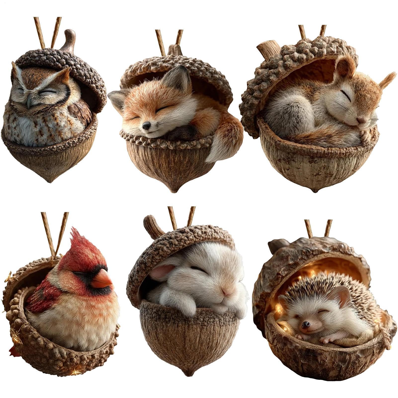 6PCS Forests Animal Acorn Ornaments, Christmas Forests Tree Decorations, 2D Flat Acrylic Rustic Nature Themed Home Decor For Home, Shelf, Bookshelf