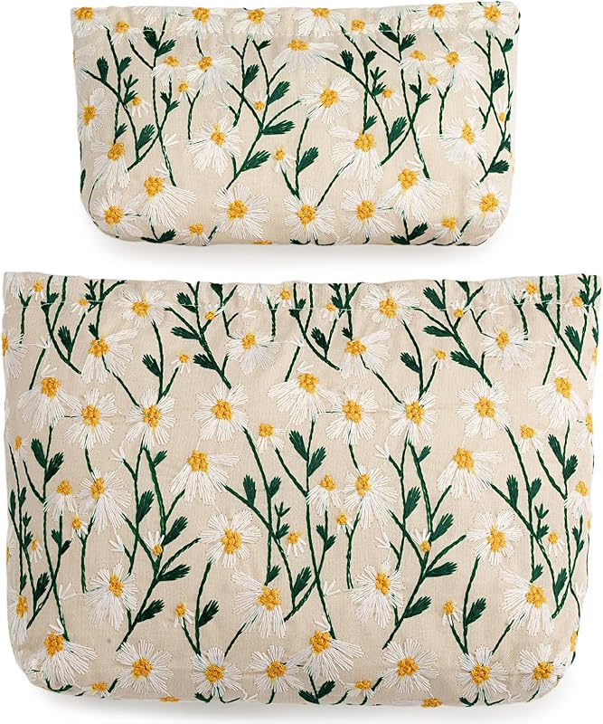 RIKMOXR Conjunto com 2 necessaires de lona com bordado floral, Daisy White
