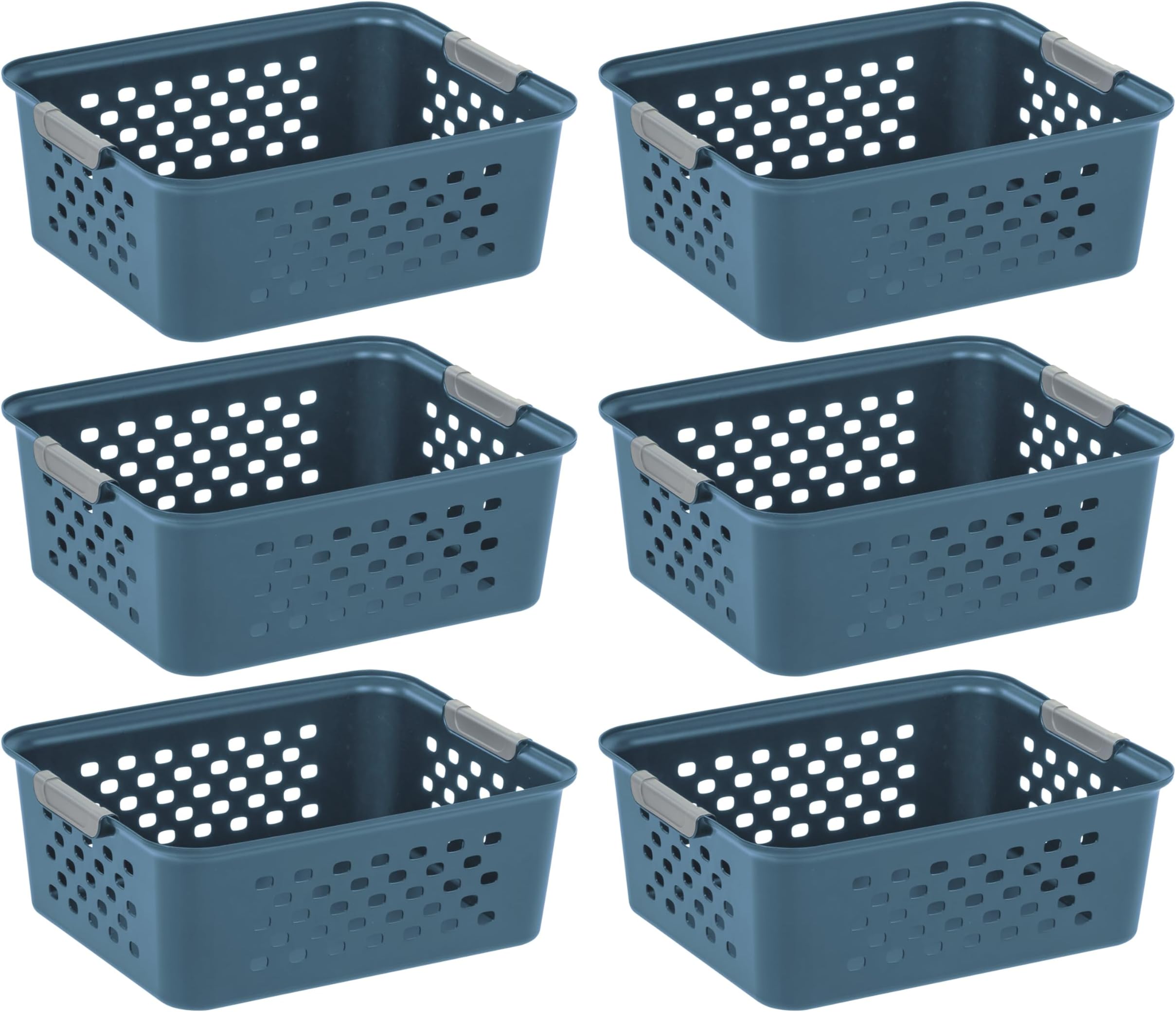 Plastic Storage Basket, 6-Pack, Medium, Shelf Basket Storage Organizer for Pantry, Cabinet, Bedroom, Closet, Laundry Room, Eco-Friendly, Navy