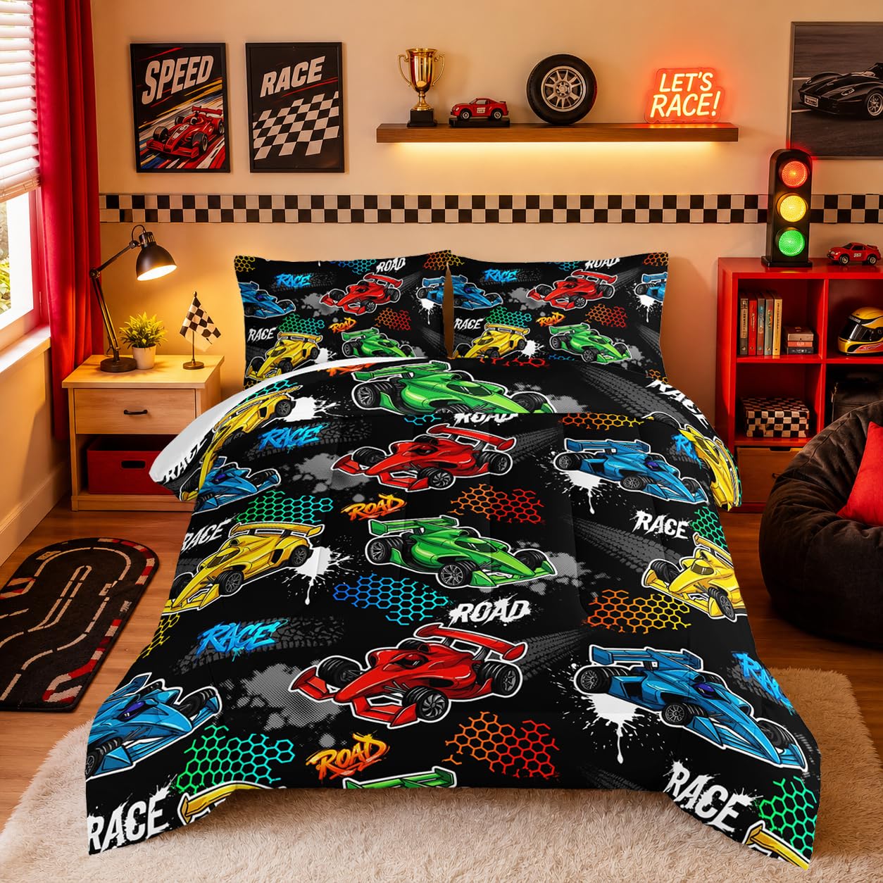 Couette voiture de course pour lit enfant motif coloré sport noir