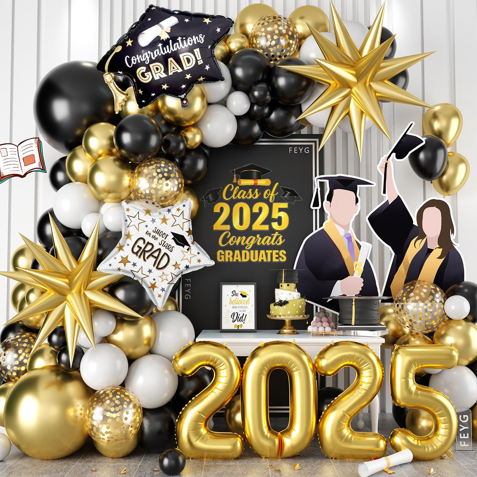 Graduation Balloons Arch Garland Kit, Graduation Party Decoration, Black White Gold Balloon with Congrats Grad Hat 2025 Banner for College School