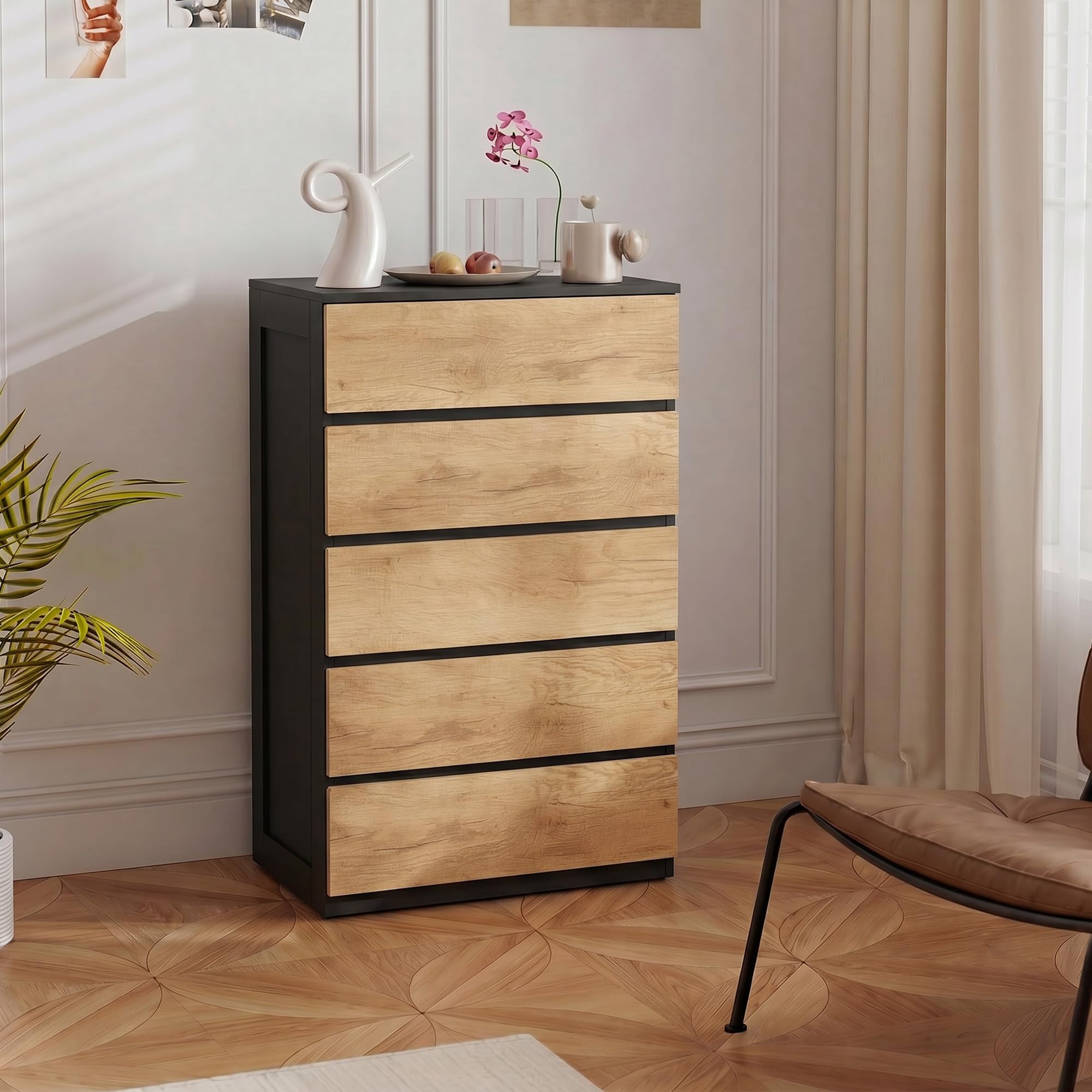 HOMCOM Cajonera dormitorio 5 cajones cómoda 60 x 39 x 100 cm negro roble | Cómoda de madera para dormitorio, sala de estar, comedor, pasillo