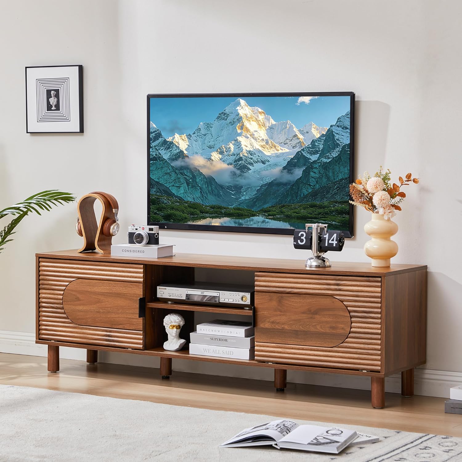 63inch Wood TV Stand for Televisions up to 70 Inches,Mid Century Modern Entertainment Center TV Console Table with Storage and Shelf for Living Room Bedroom (Walnut)