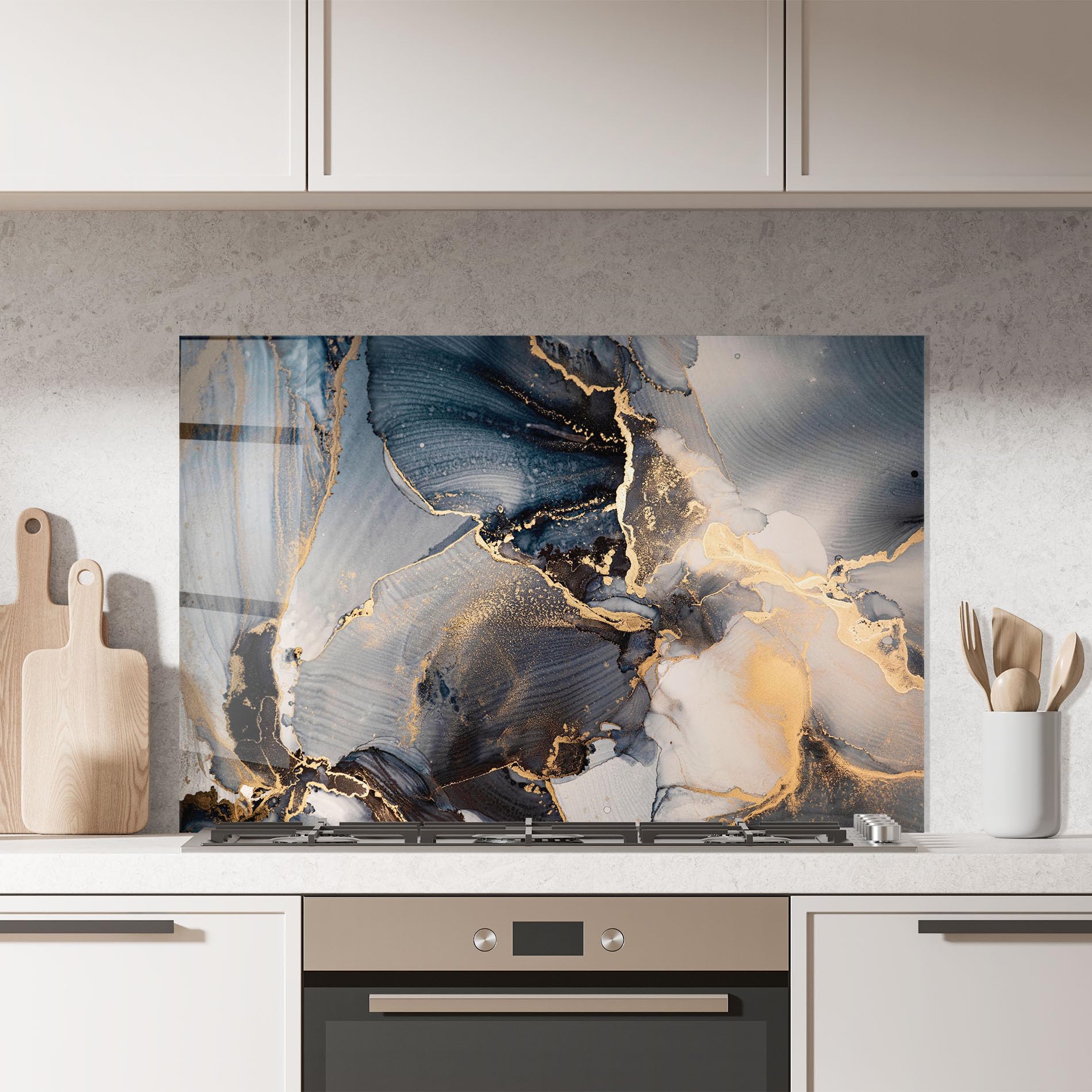 ARTHUB® Crédence de Cuisine en Verre 50x70 cm, Golden Abstract Marble | Protection Contre Les éclaboussures, Revêtement Mural en Carreaux, Plaque en Verre, Verre trempé, Abstrait, Marbre