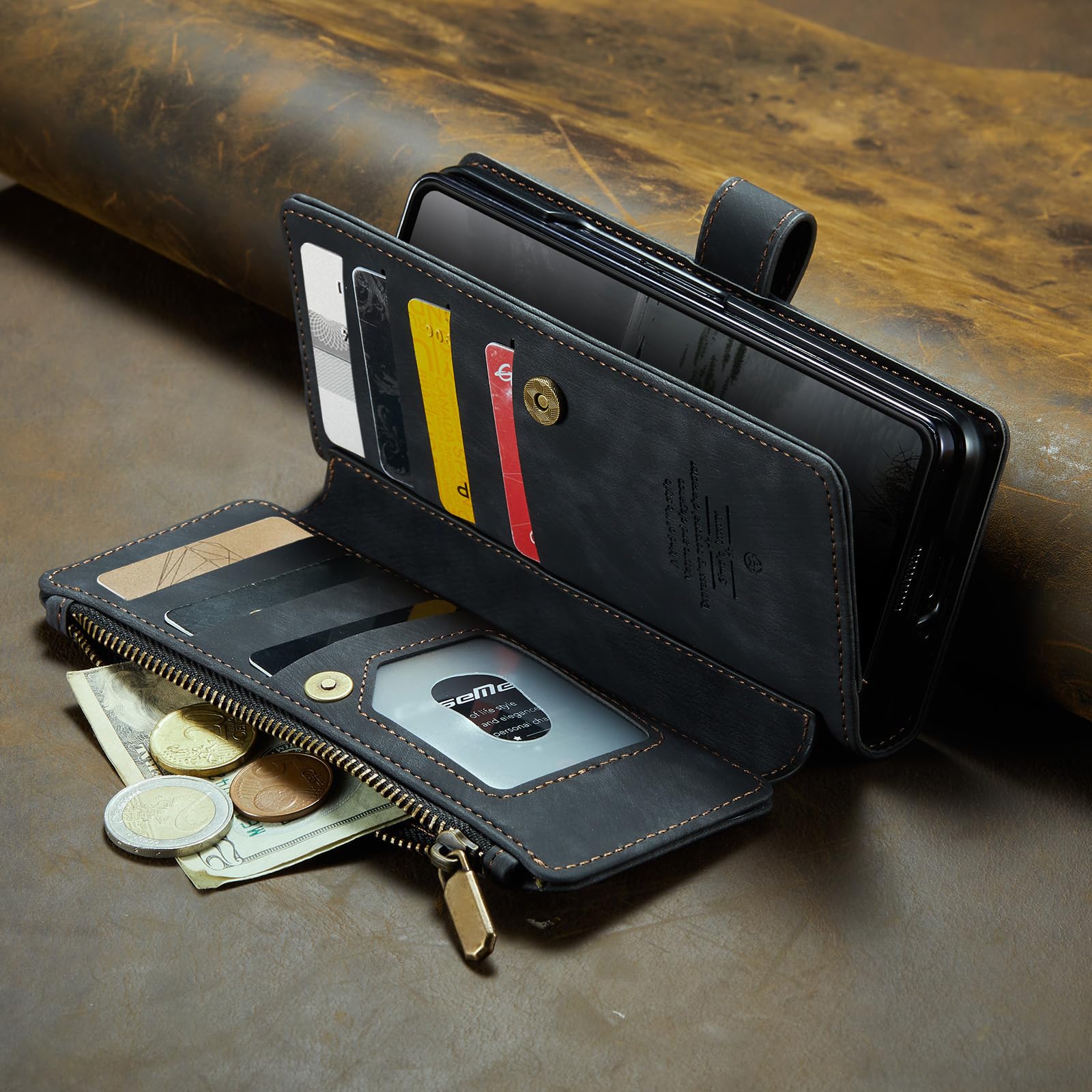 Etui z klapką do Samsung Galaxy Z Fold 8 Ultra, portfel na zamek błyskawiczny duża pojemność vintage matowe etui pasek na nadgarstek ochrona przed upadkiem miękka wewnętrzna powłoka TPU (czarna)