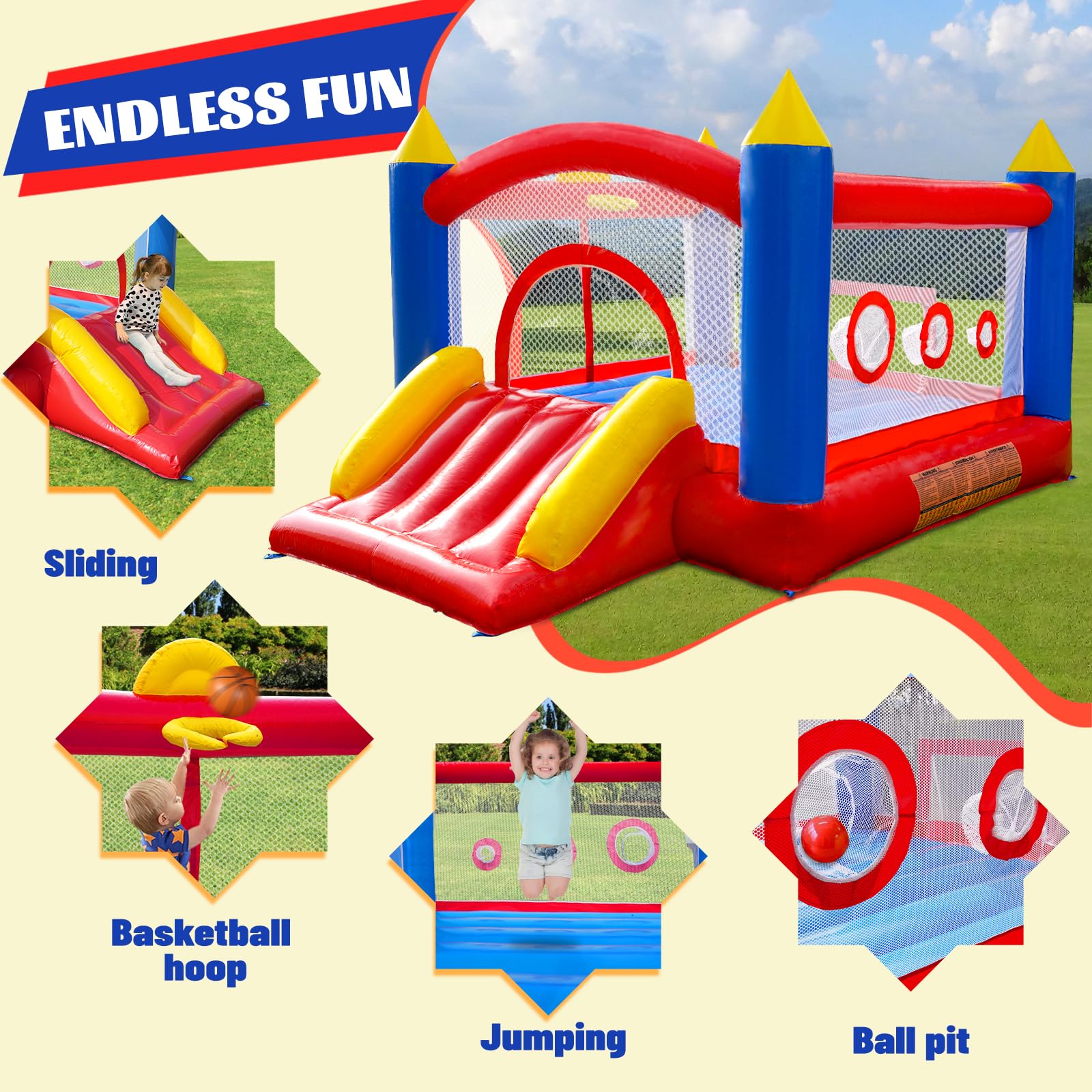 Ballsea Château Gonflable Géant – 365x283x195 Cm – Trampoline, Toboggan, Filet – Pour 4 à 6 Enfants – PVC 100%