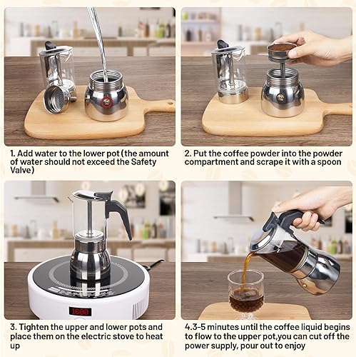 Miniatura 5 de Olla de vidrio transparente para 9 tazas de acero inoxidable 304, máquina de café italiano, 15.2 fl oz, 15 onzas, café moca clásico, Greca, adecuado