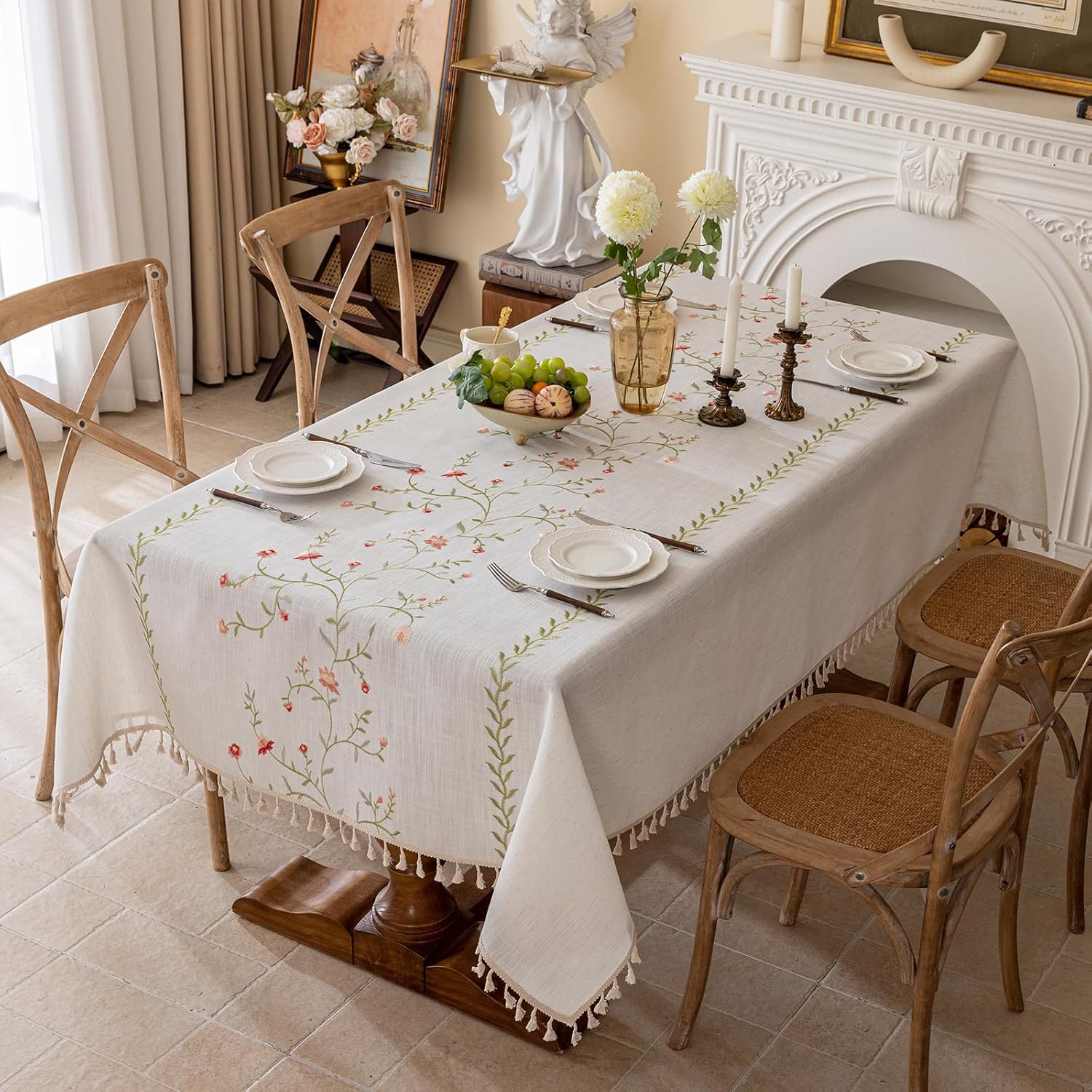 Joyfol Day Linen Spring Flowers Tablecloth with Tassels, Rustic Farmhouse Embroidery Waterproof Table Cloths for Rectangle Tables, Heavy Weight Spill-Proof Table Covers, Pink Florals, 55''x 102''