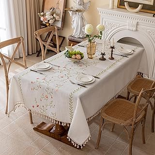Joyfol Day Linen Waterproof Tablecloth with Tassels, Rustic Farmhouse Fl...