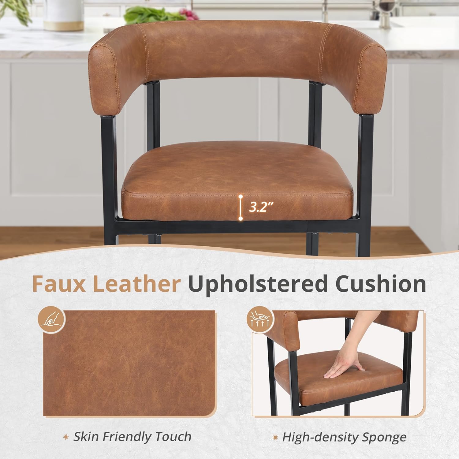 Set of 3 Brown Faux Leather Counter Height Bar Stools with Metal Frame