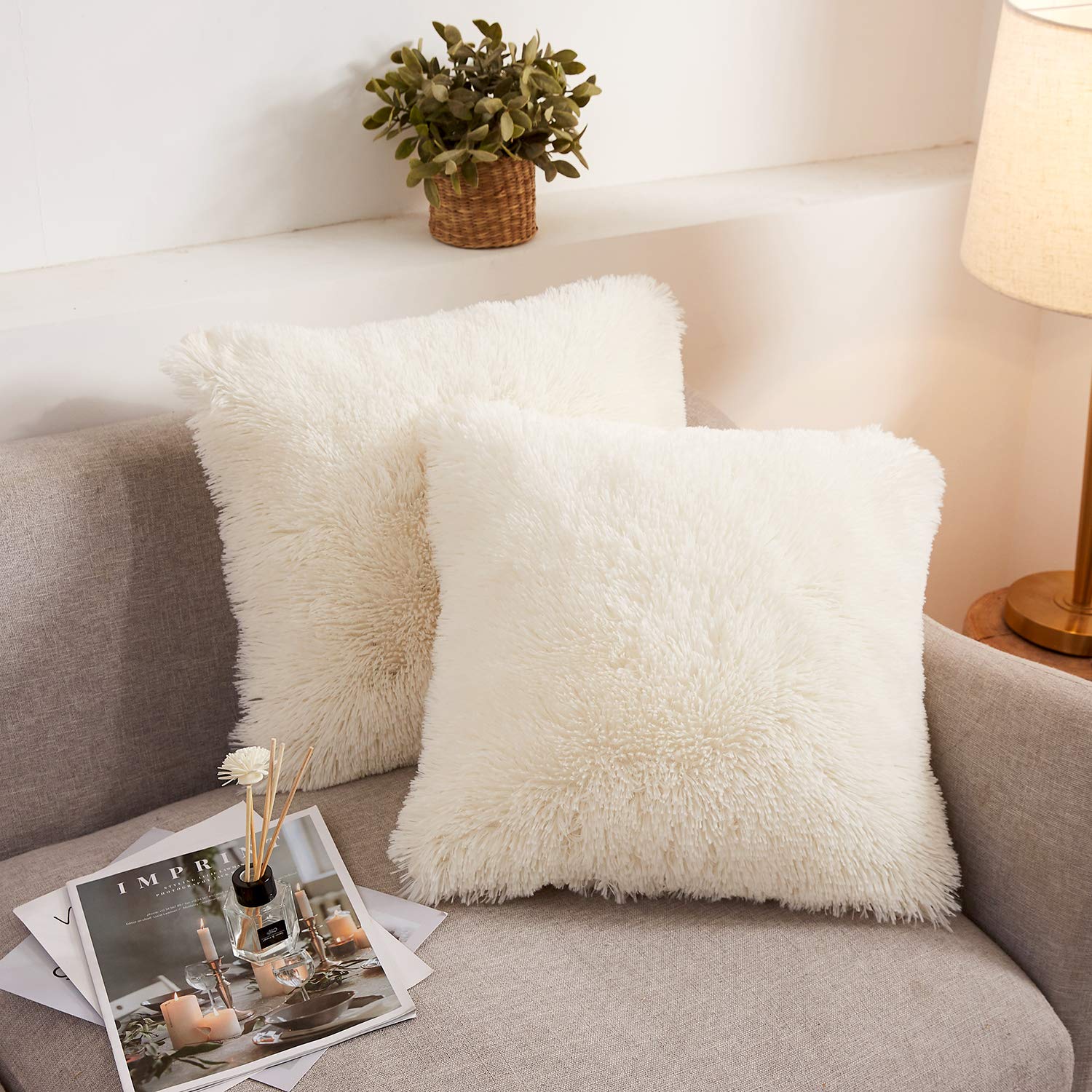 XeGe Faux Fur Throw Pillow Covers, Shaggy Fluffy Cushion Covers, Plush Furry Pillow Cases, Fuzzy Decorative Pillow Shams with Zipper Set of 2 for Sofa