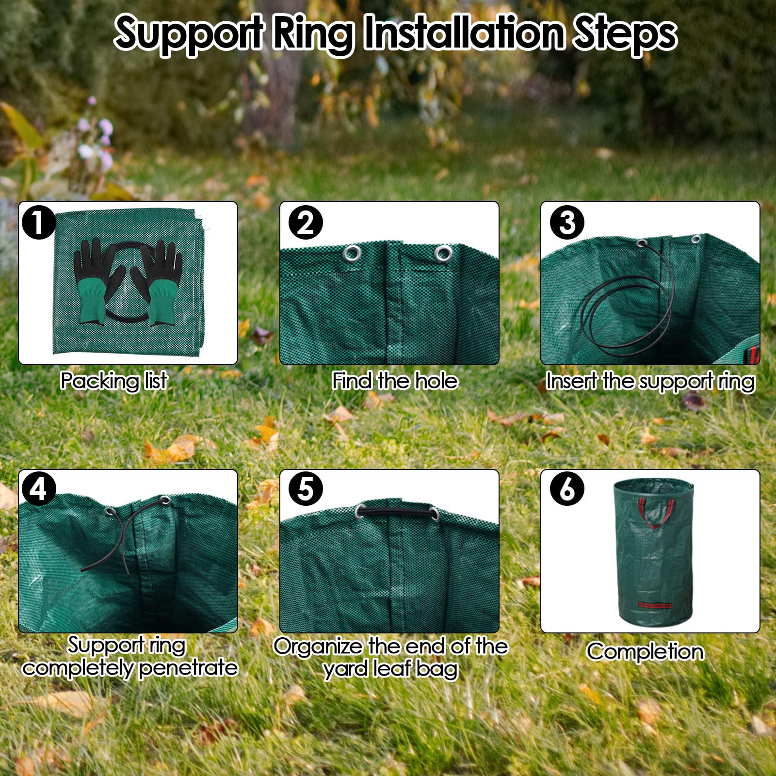 Confezione da 3 sacchetti per rifiuti da giardino, riutilizzabili, resistenti, pieghevoli, con anello in plastica, con guanti da giardinaggio, cestino per rifiuti da cortile, per foglie, detriti del