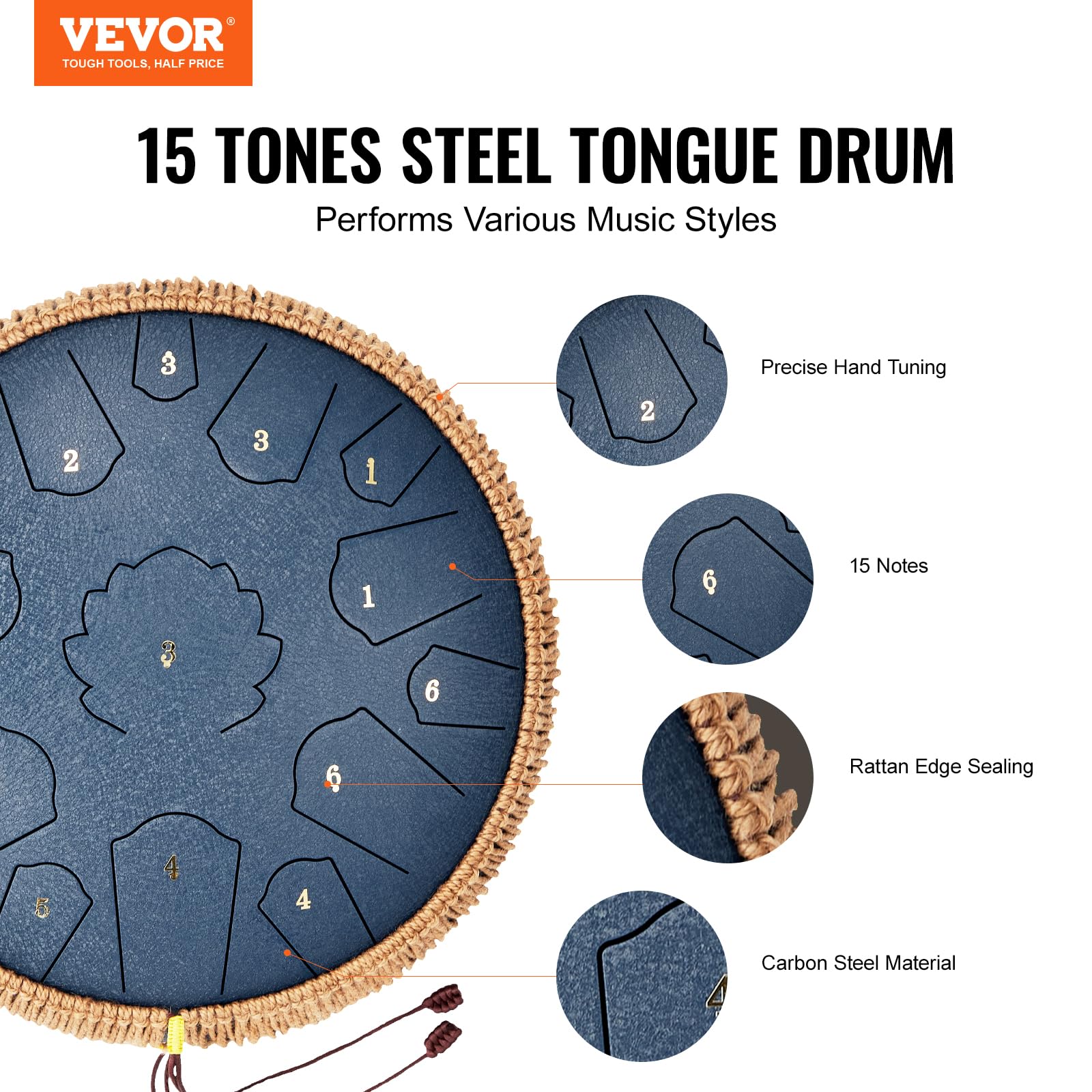 Zungentrommel 356mm, Steel Tongue Drum 15 Noten, Regentrommel, C-Dur-Tonart, Regenglockenspiel mit 2 Schlägeln & Tragetasche, Handpan- Trommel, Schlaginstrument für Musikunterricht & Yoga, Grün | DE