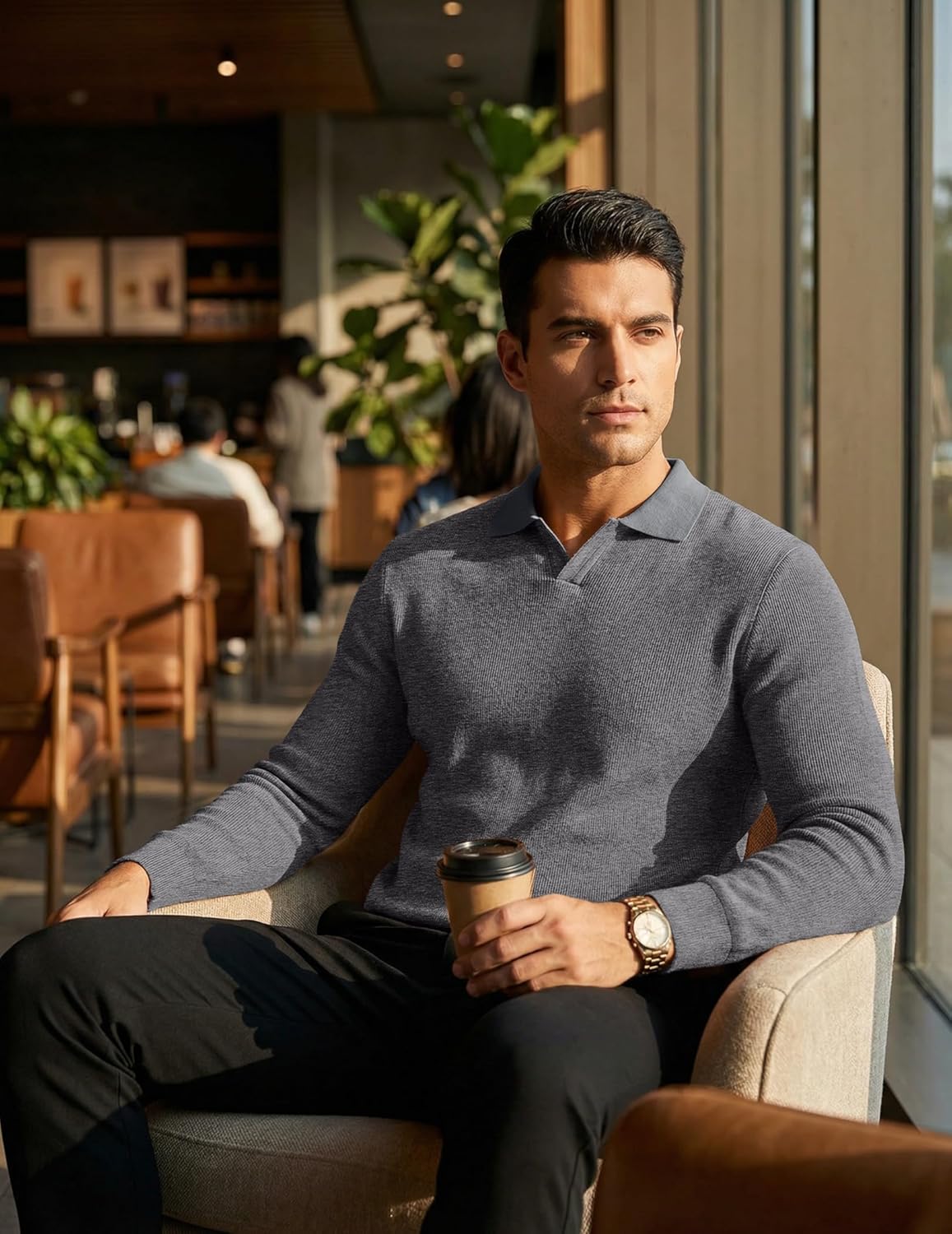 JMIERR Men's Casual Polo Shirt Muscle Slim Fit Long Sleeve V Neck Stretch Dress Golf Shirts - Image 4