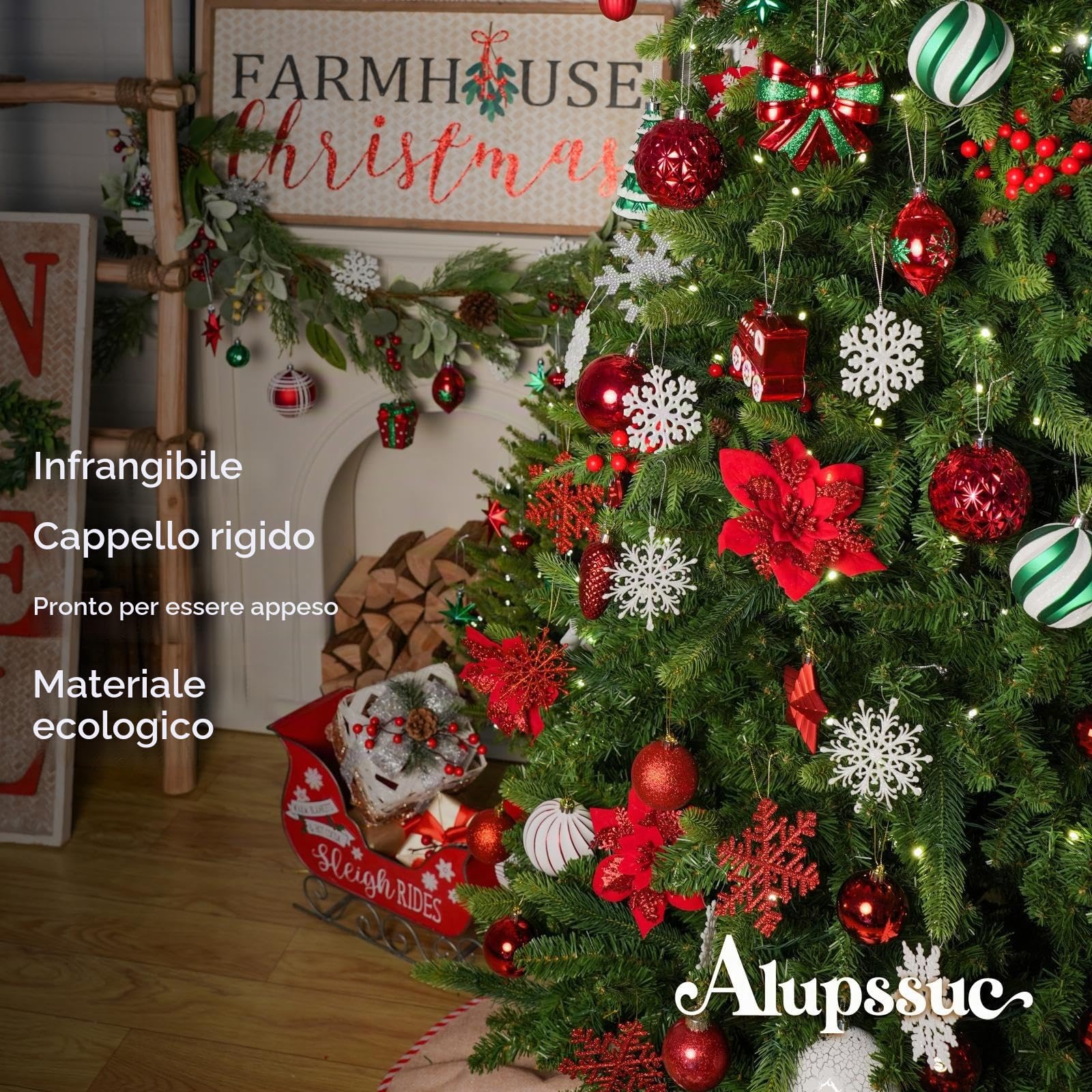 Alupssuc 82 Palline di Natale Infrangibili, Decorazioni Albero di Natale | 82 Pezzi Palline Albero di Natale, Corde Pre-appese, Plastica Infrangibile, per Albero/Casa/Feste, Rosso, Verde e Bianco