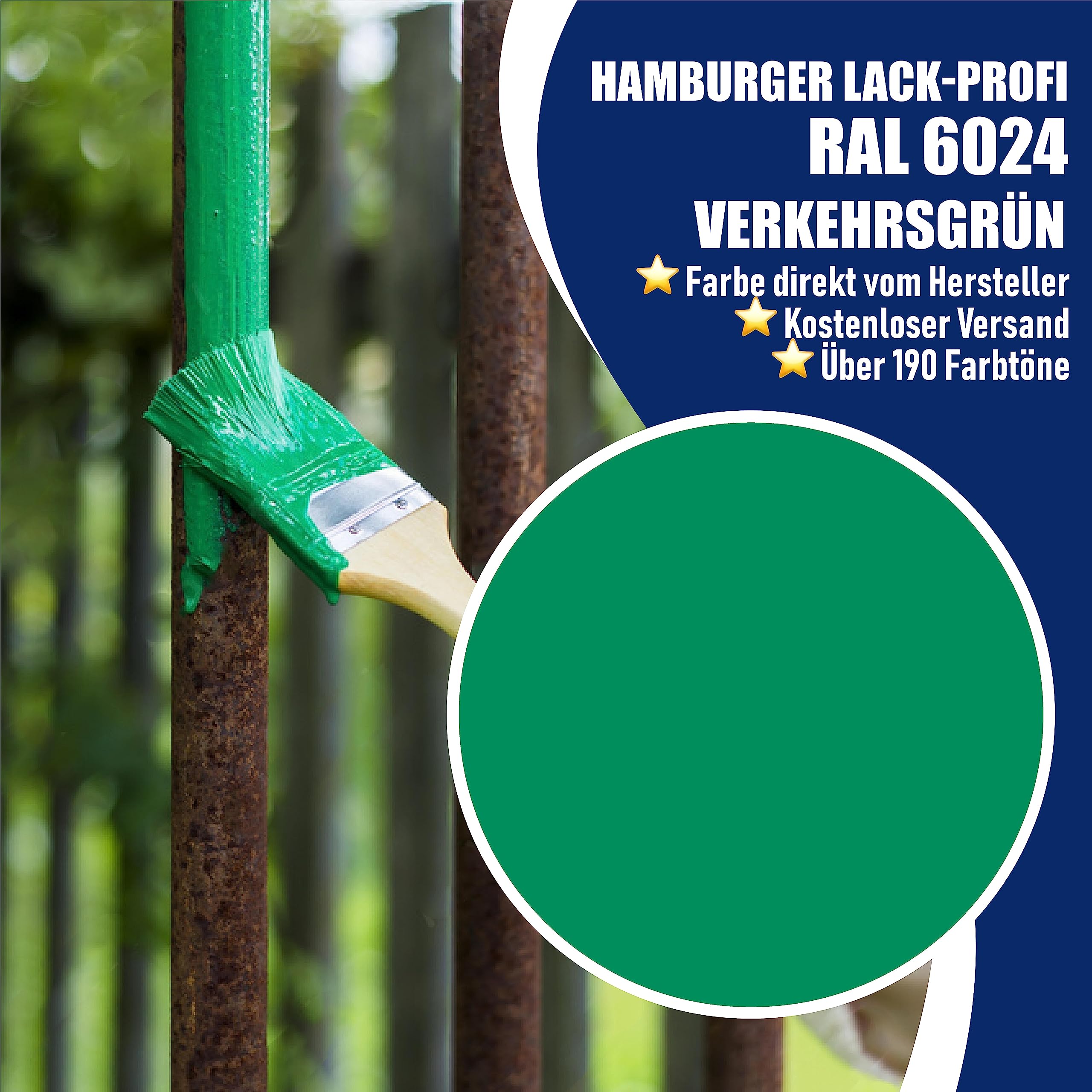 Metallschutzlack 3in1 SEIDENMATT Verkehrsgrün RAL 6024 Grün Metallschutzfarbe 3-in-1 Grundierung, Rostschutz und Deckanstrich in Einem Metalllack Metallfarbe // Hamburger Lack-Profi (2,5 L)
